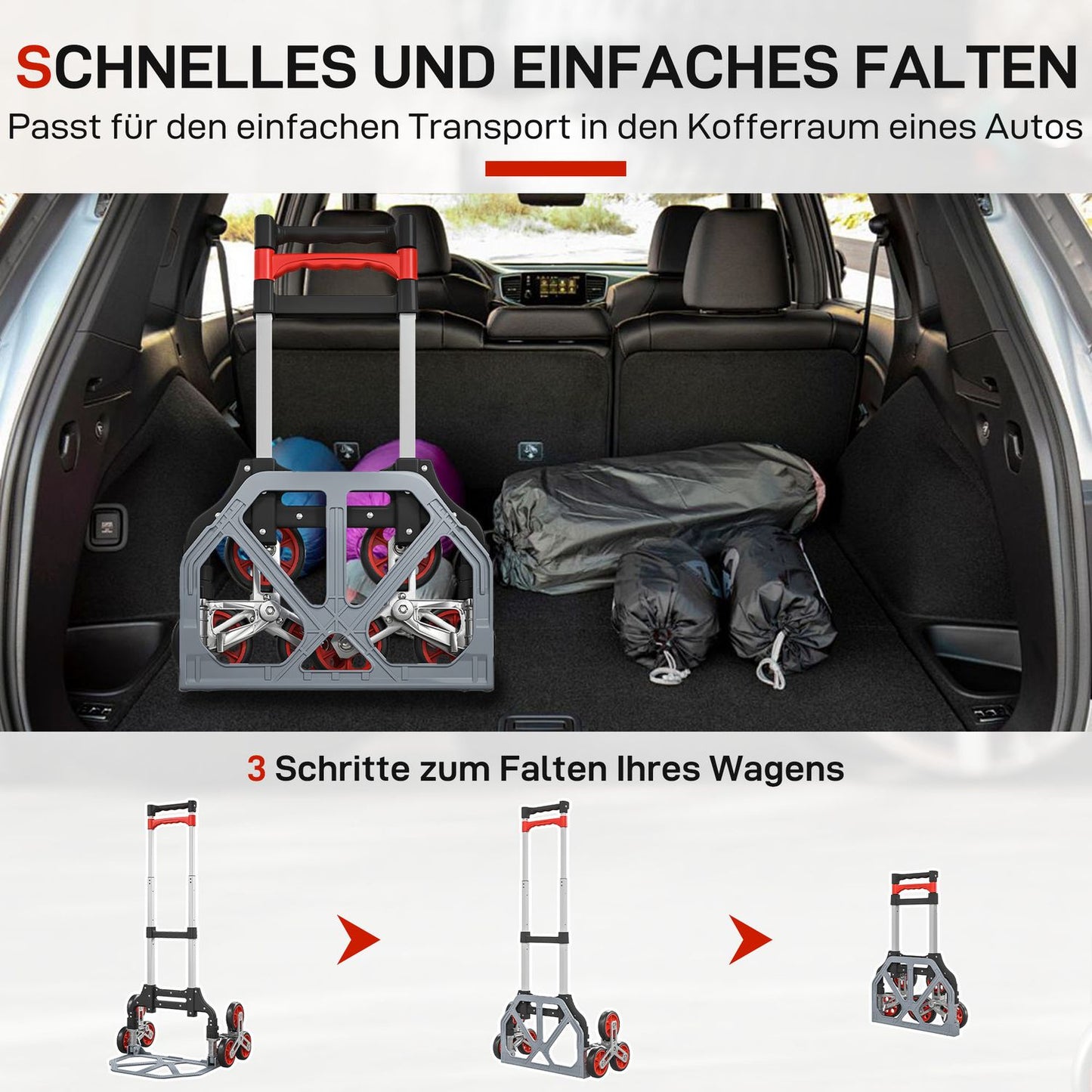 Folding Stair Climber Trolley, 6-Wheel, 70kg Capacity, Red