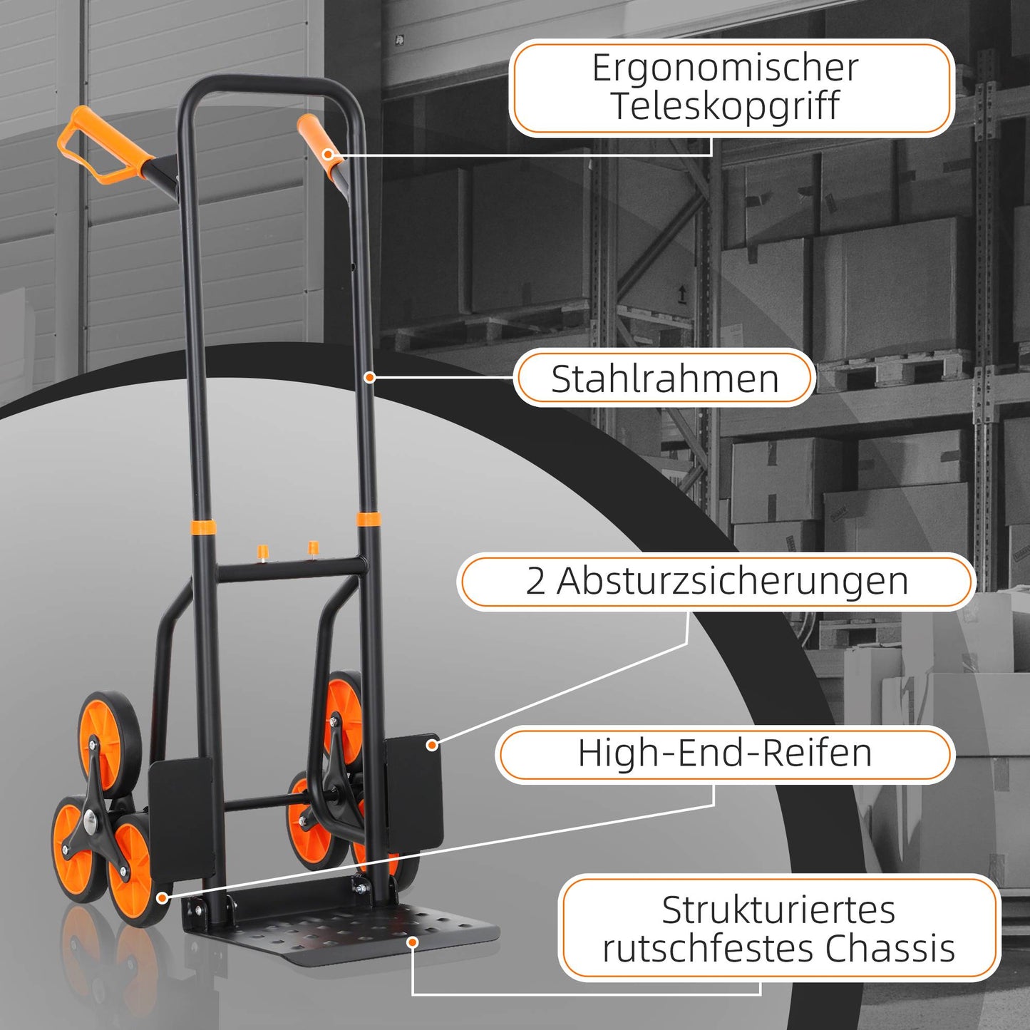 Folding Stair Climbing Hand Truck, Steel Frame, 120kg Capacity