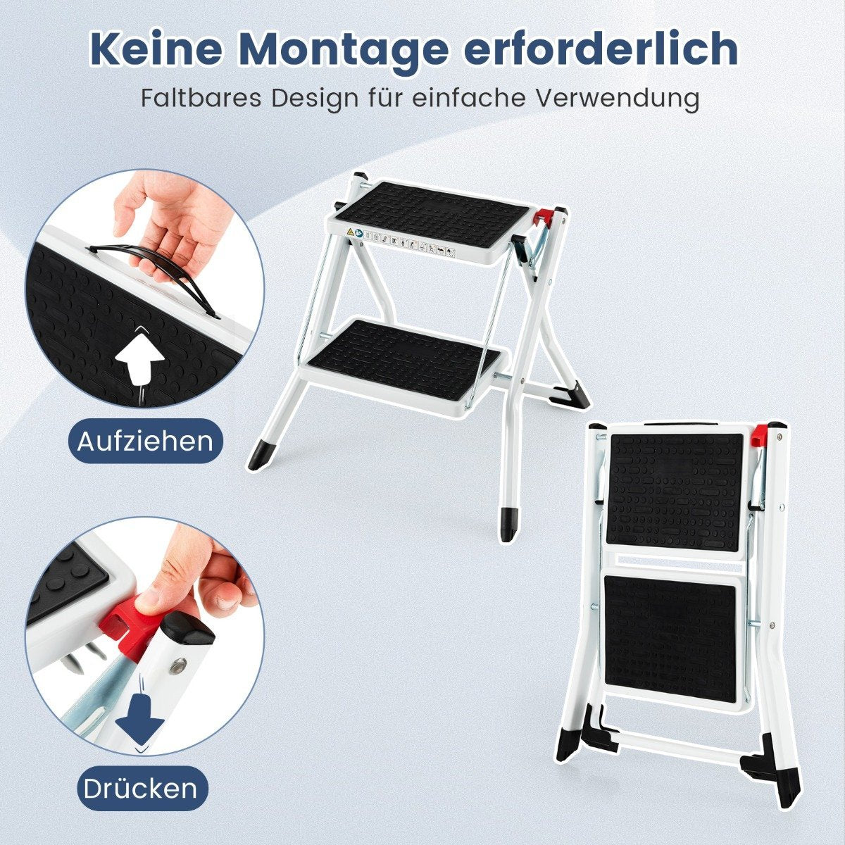 Folding Step Ladder, 2 Steps, 20cm Wide, 150kg Capacity