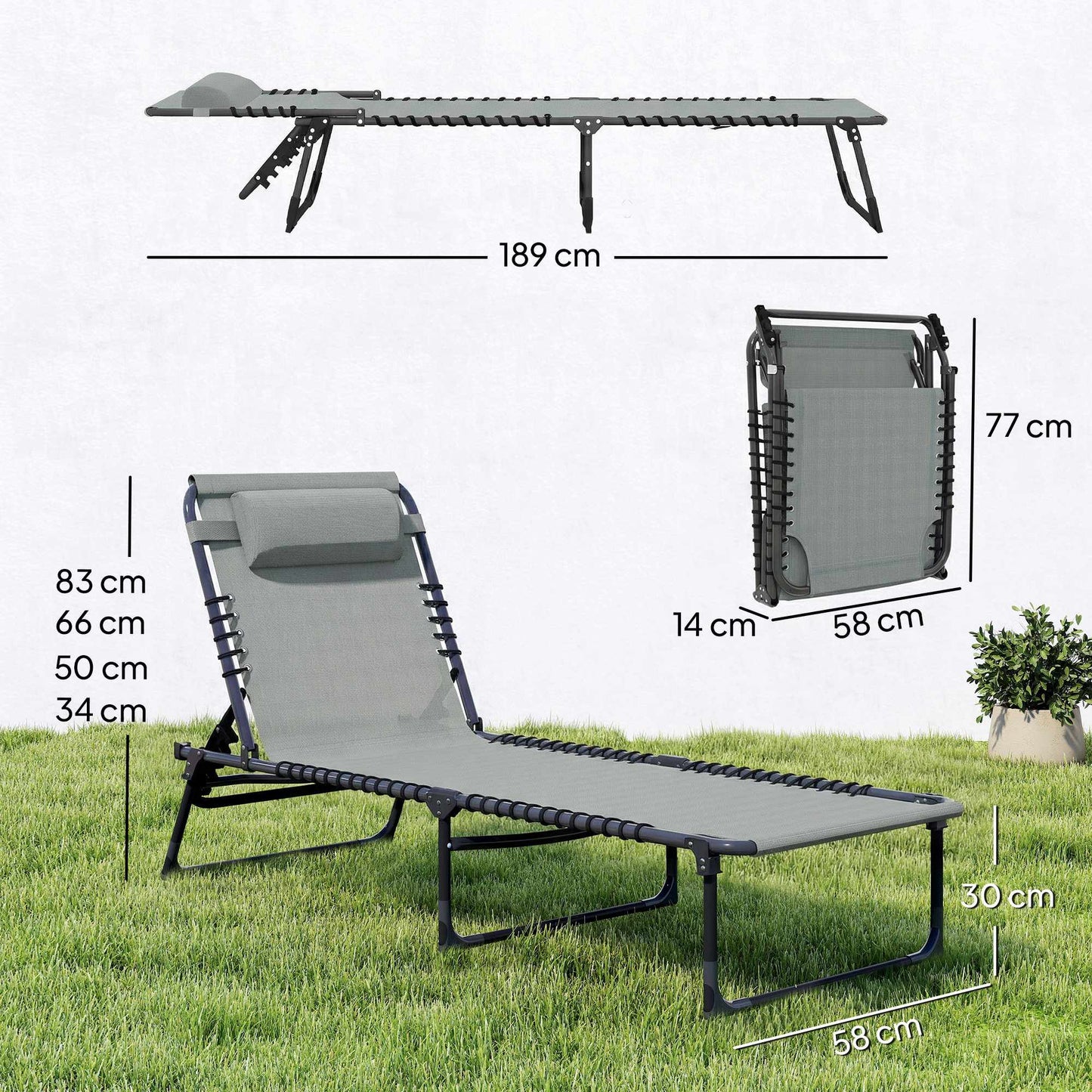 Folding Sun Lounger, Adjustable, Steel Frame, Light Grey