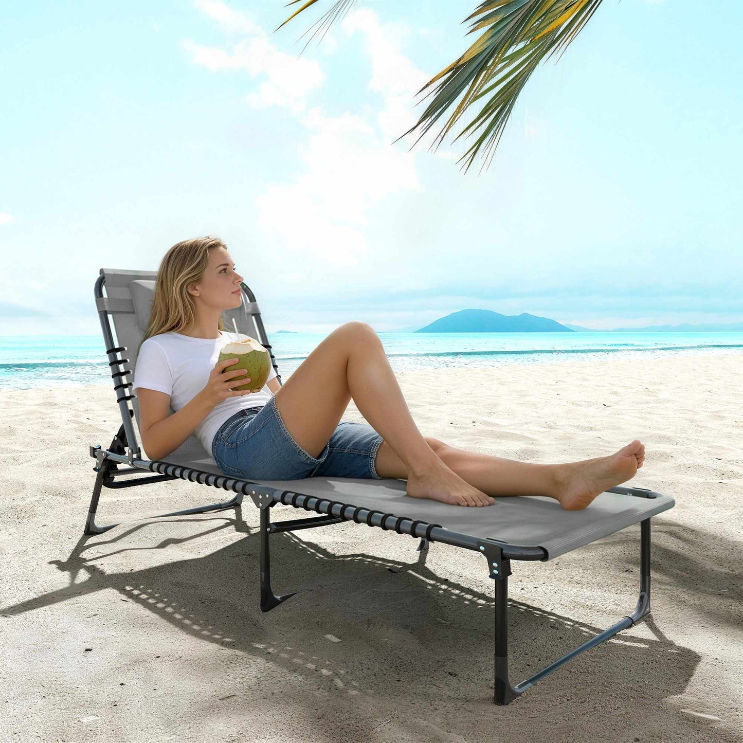Folding Sun Lounger, Adjustable, Steel Frame, Light Grey