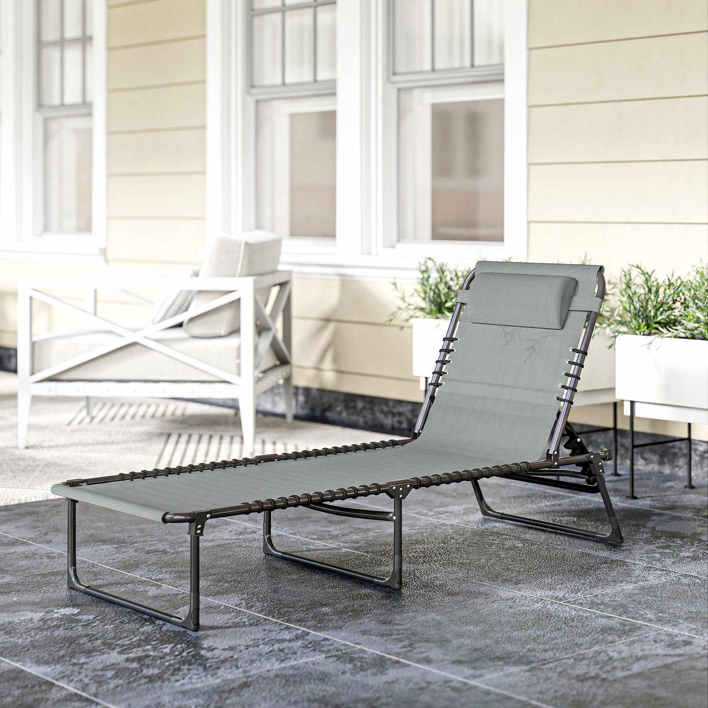 Folding Sun Lounger, Adjustable, Steel Frame, Light Grey