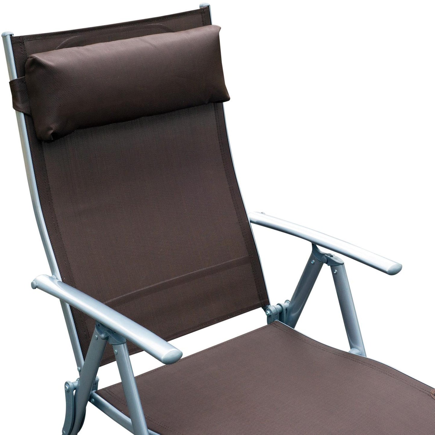 Folding garden sun lounger with comfortable brown cushion
