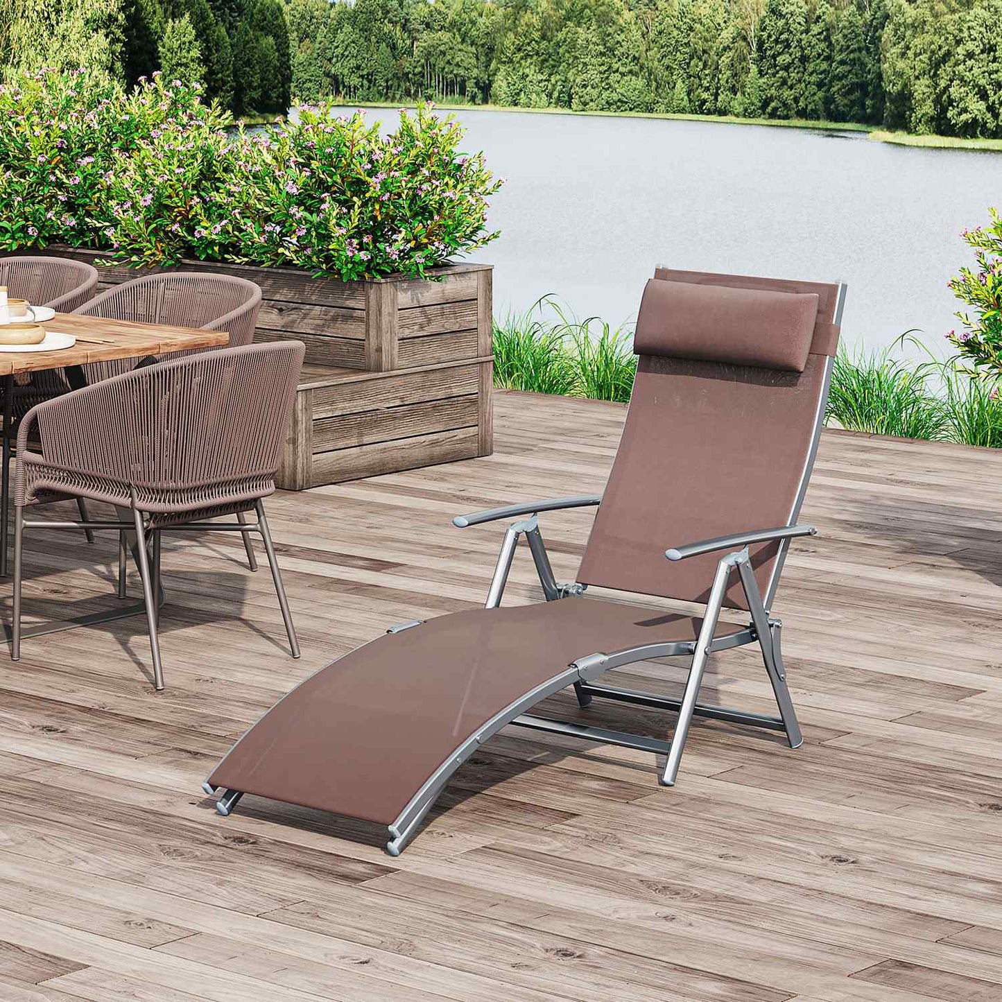 Folding garden sun lounger with comfortable brown cushion