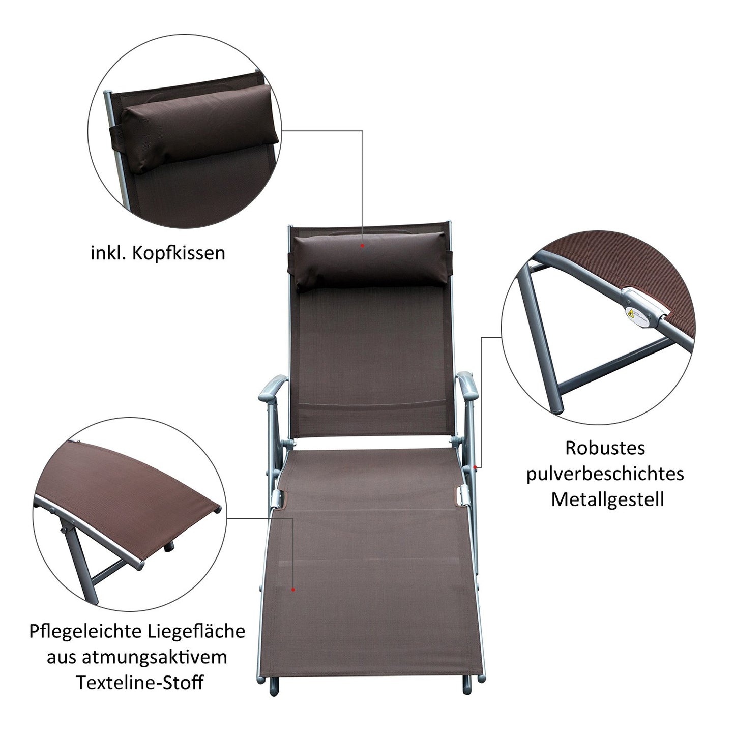 Folding garden sun lounger with comfortable brown cushion