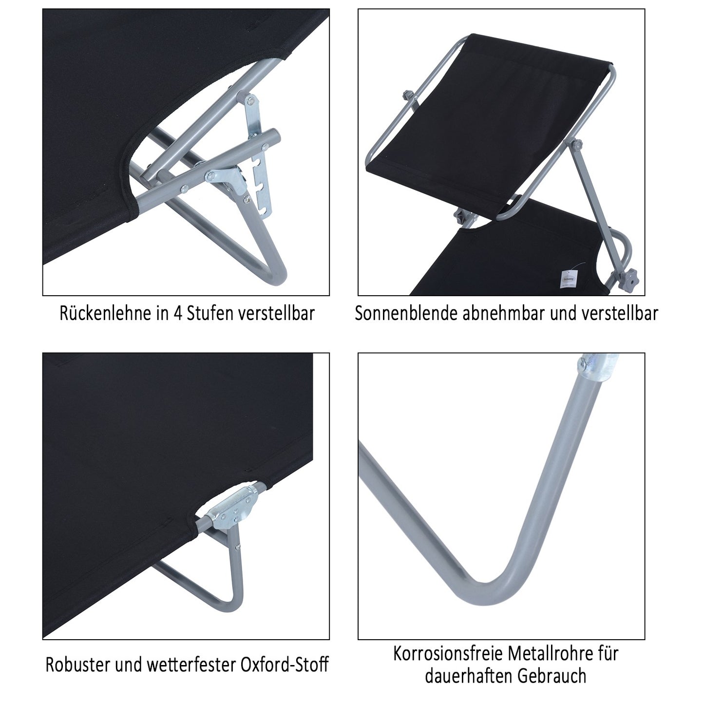 Black folding sun lounger with sun protection, 187x58x36 cm