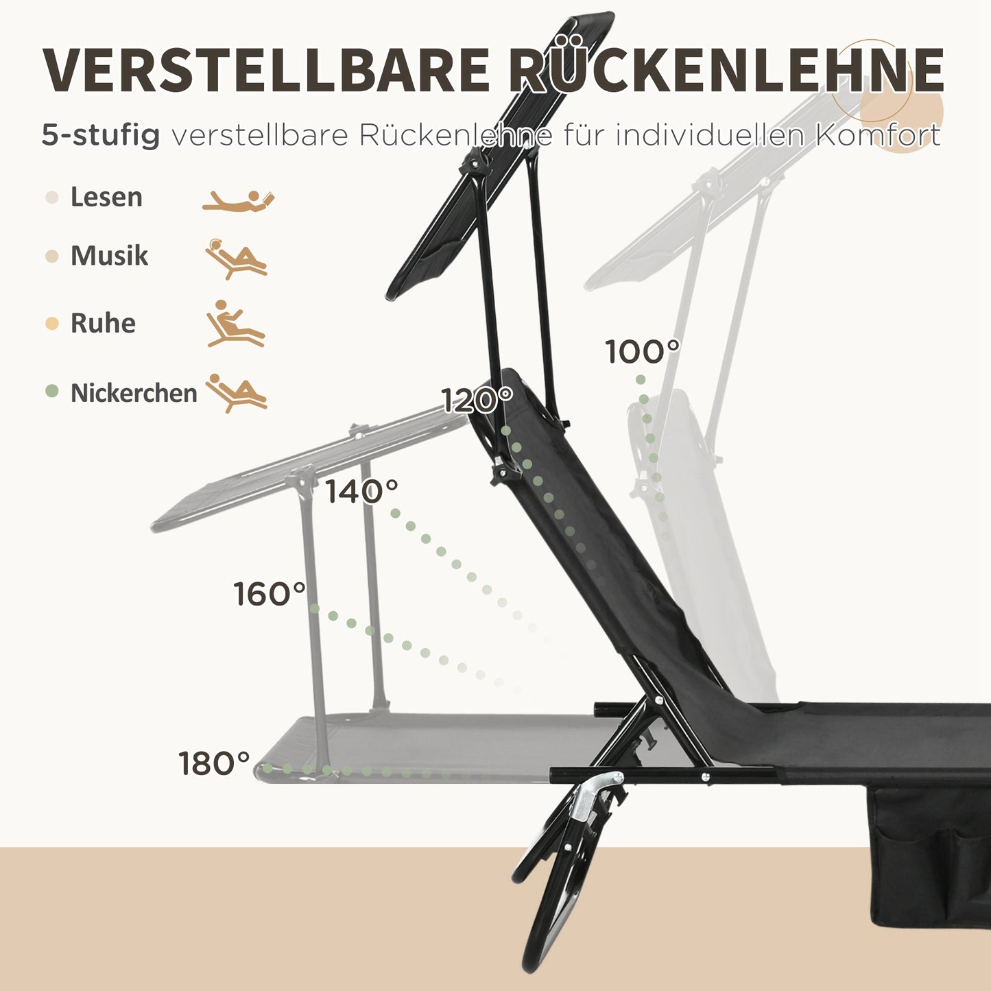 Folding Sun Lounger Set with Canopy, Adjustable Backrest