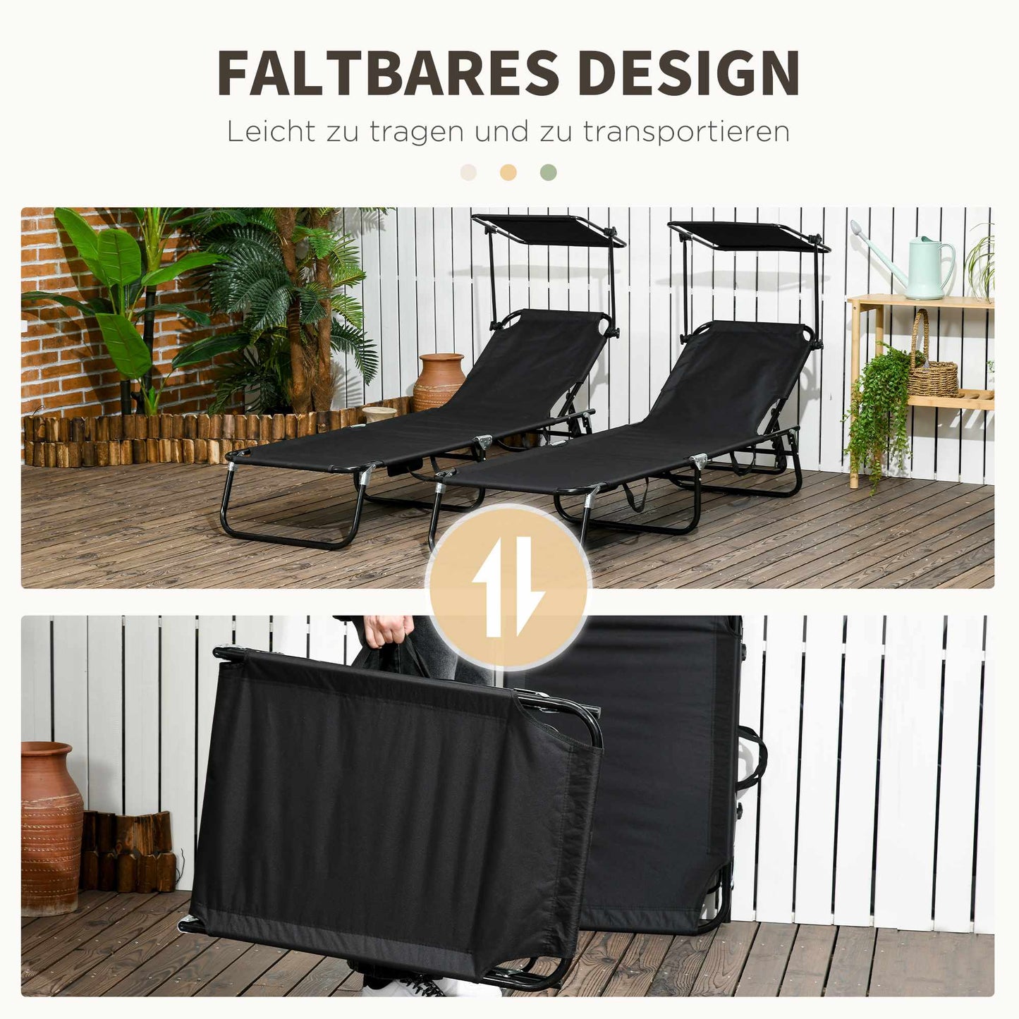 Folding Sun Lounger Set with Canopy, Adjustable Backrest
