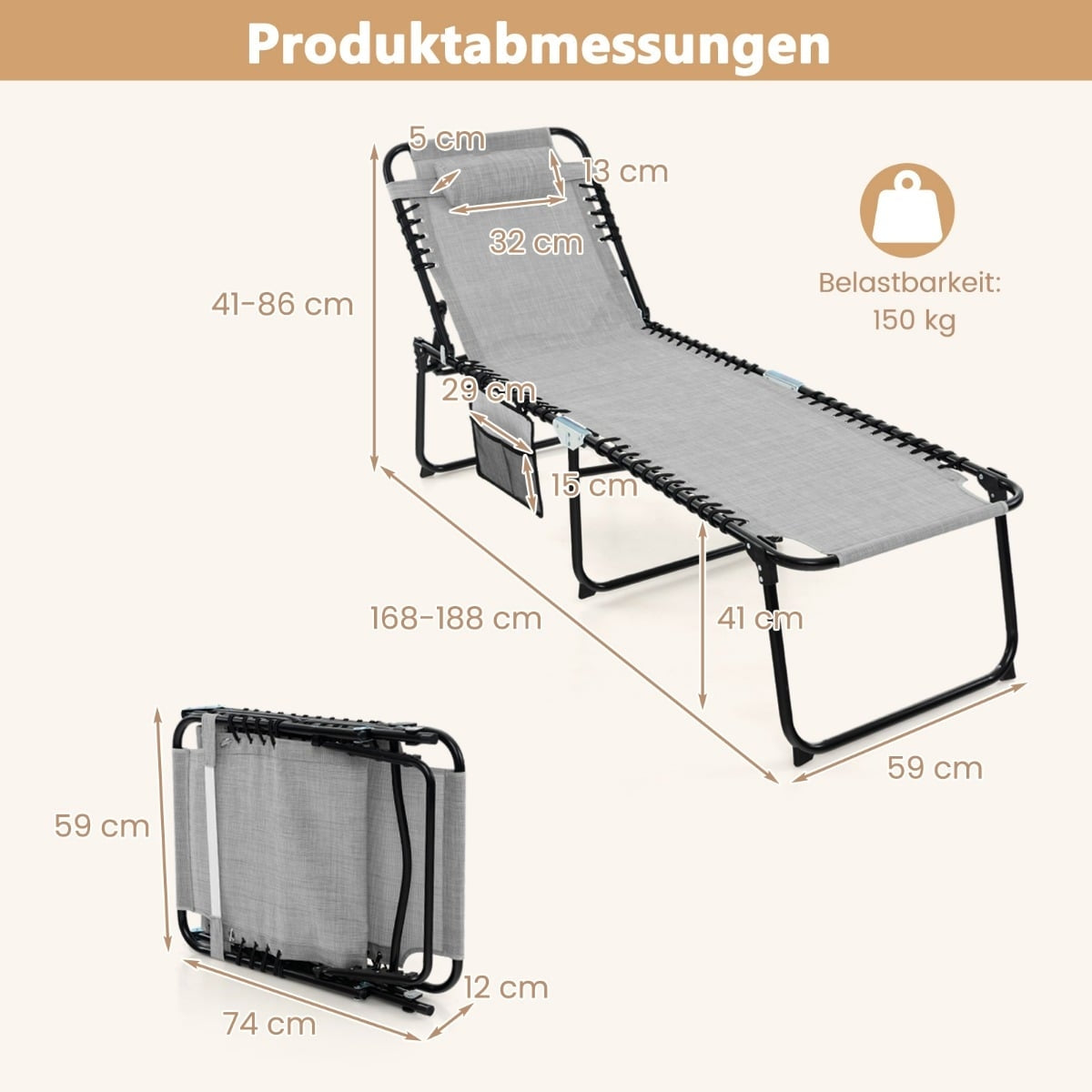 Folding Sun Lounger with Adjustable Backrest, Grey