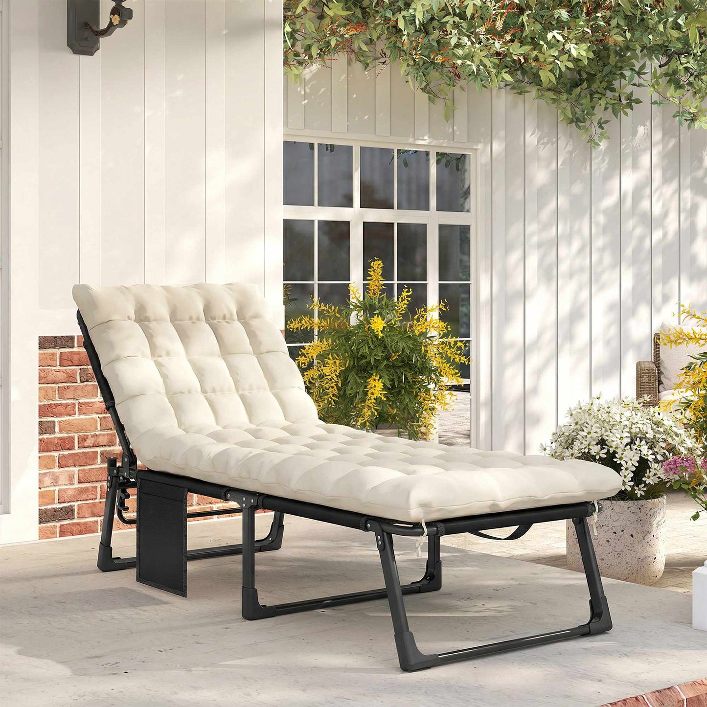 Folding Sun Lounger with Adjustable Backrest and Cushion