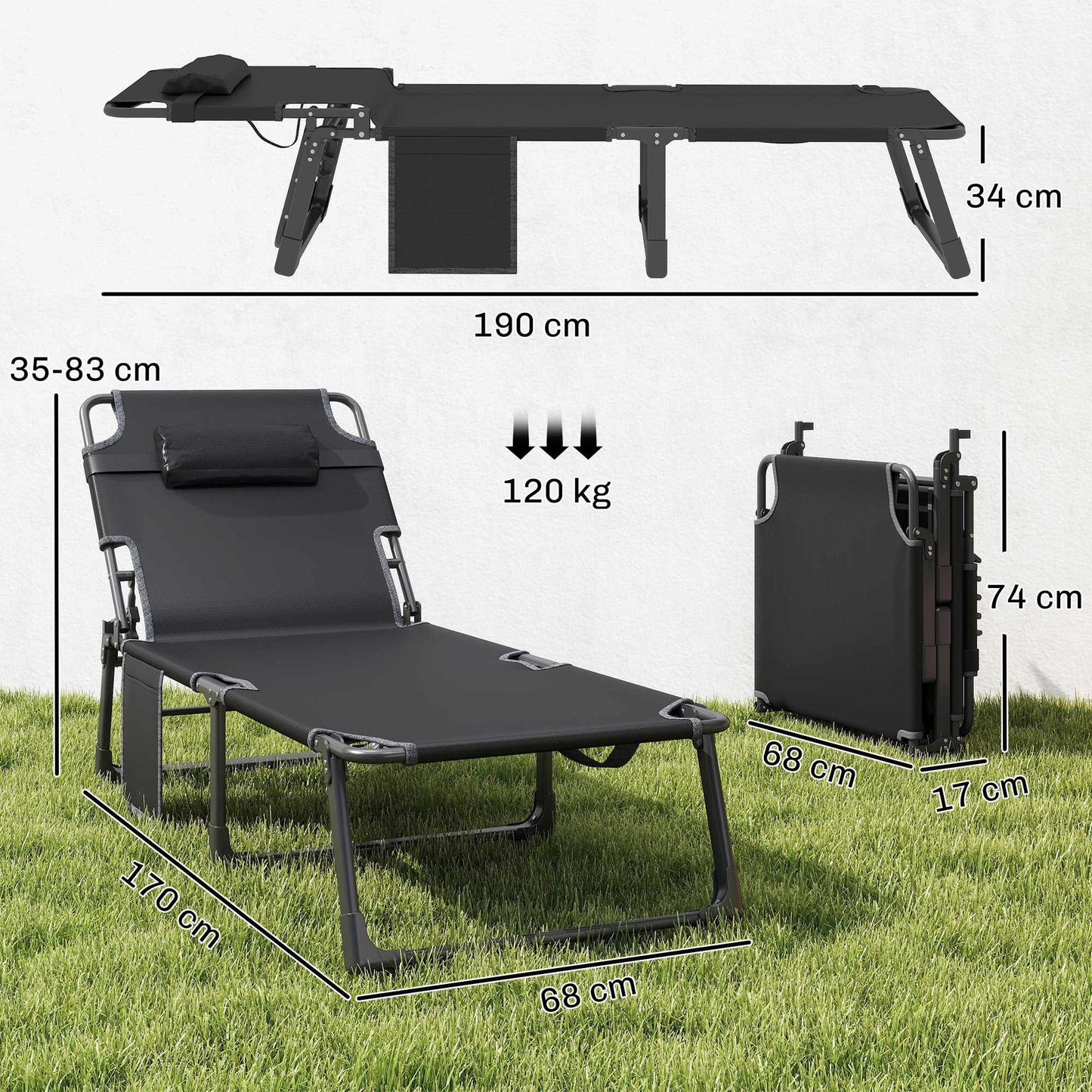 Folding Sun Lounger with Adjustable Backrest and Cushion