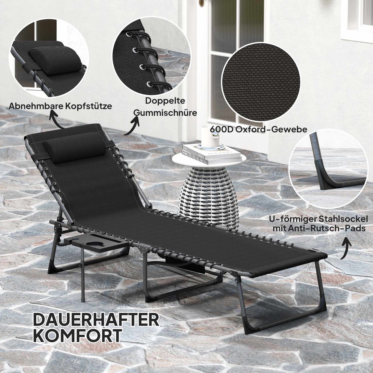 Folding Sun Lounger with Adjustable Backrest and Pillow