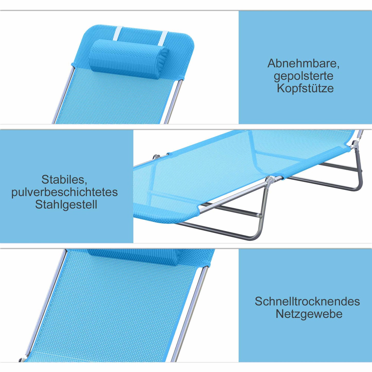 Folding Sun Lounger with Cushion, Adjustable Backrest, Blue