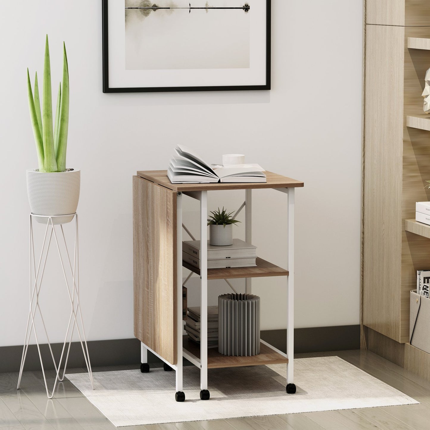 Mobile folding desk with wheels, MDF, natural finish