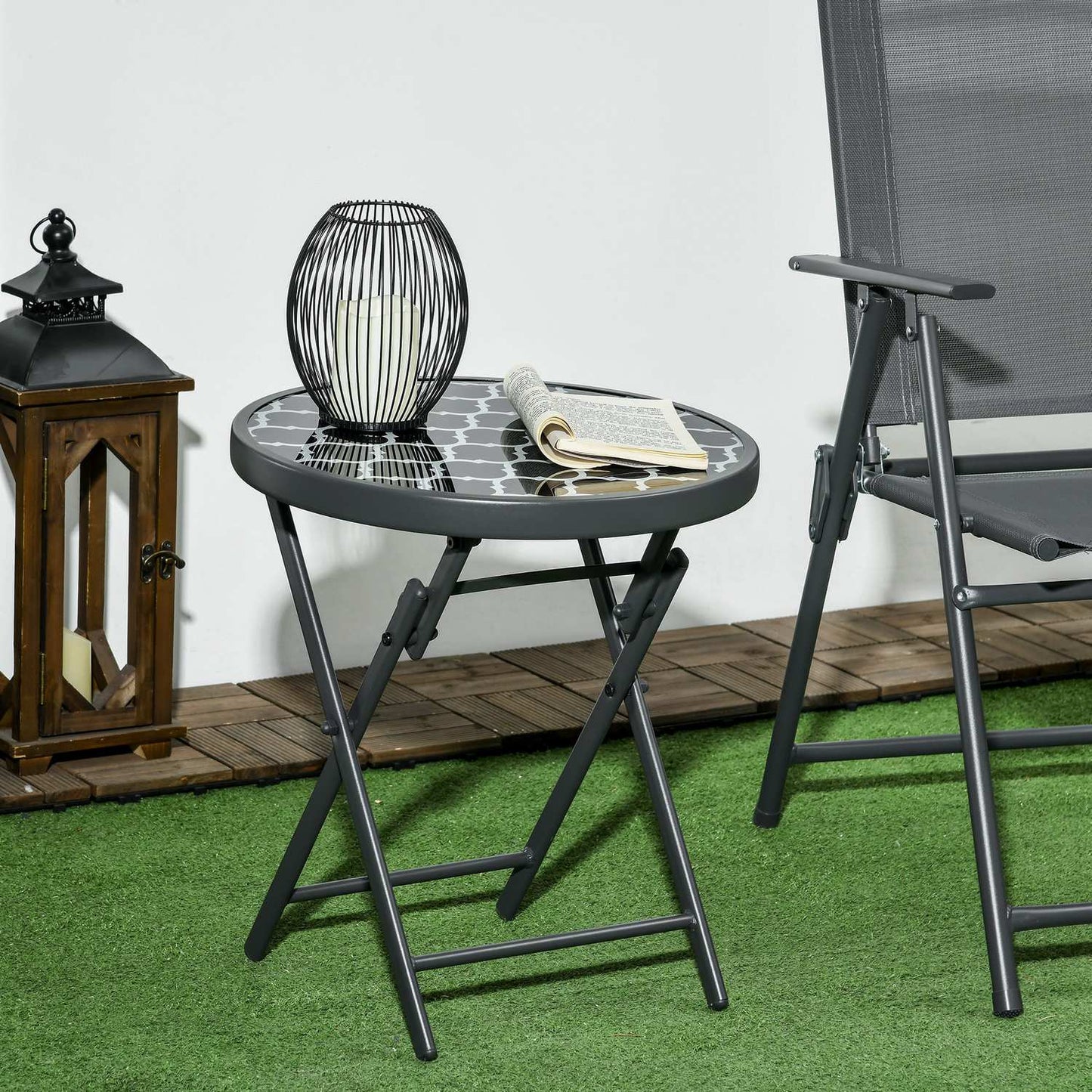 Black glass top folding side table - 45x45x50 cm Camping