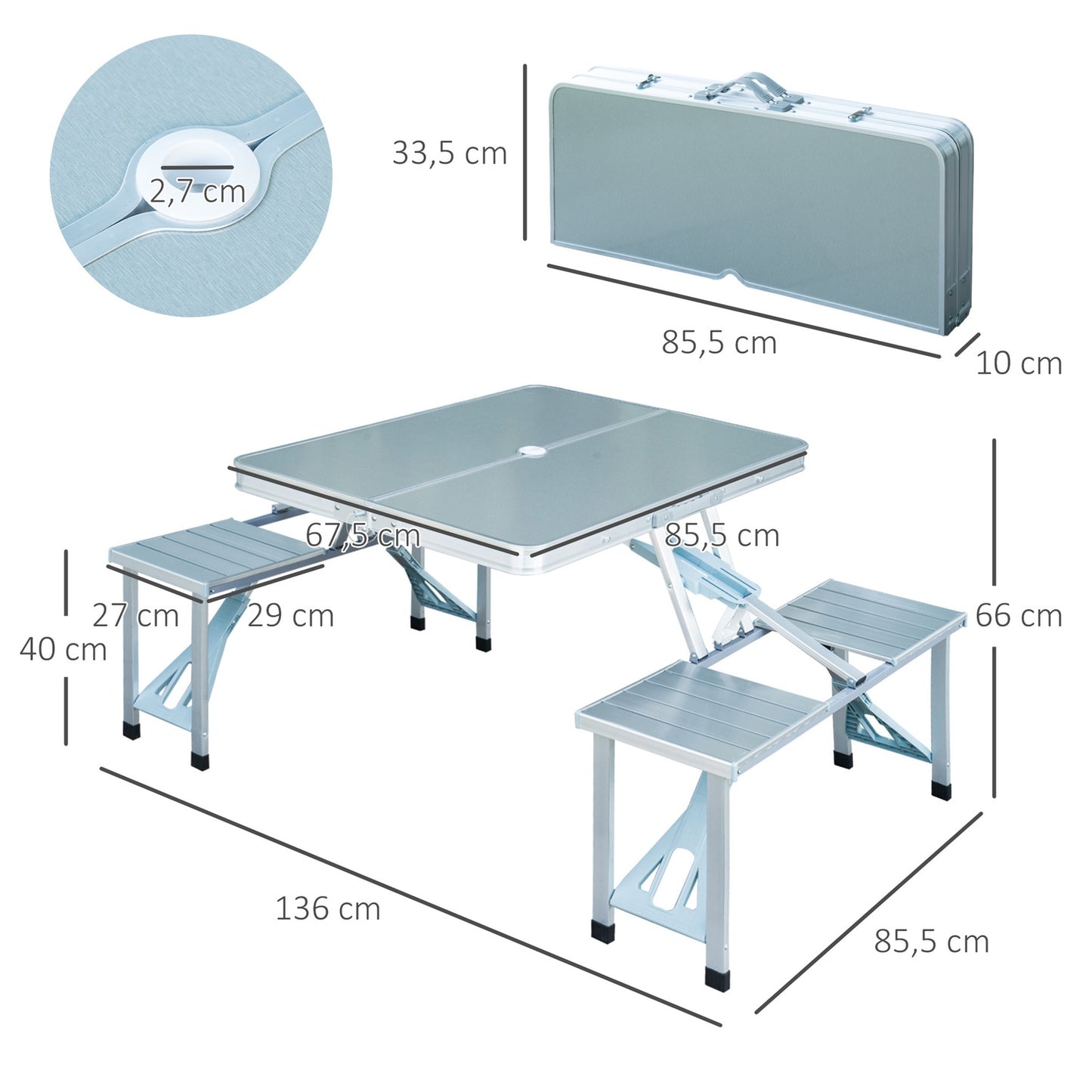 Portable folding aluminum table with seats, Silver, 85x68 Cm