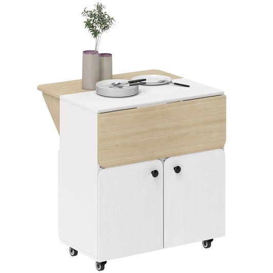 Folding Table with Storage, 2 Drop Leaves, 4 Wheels, White/Natural