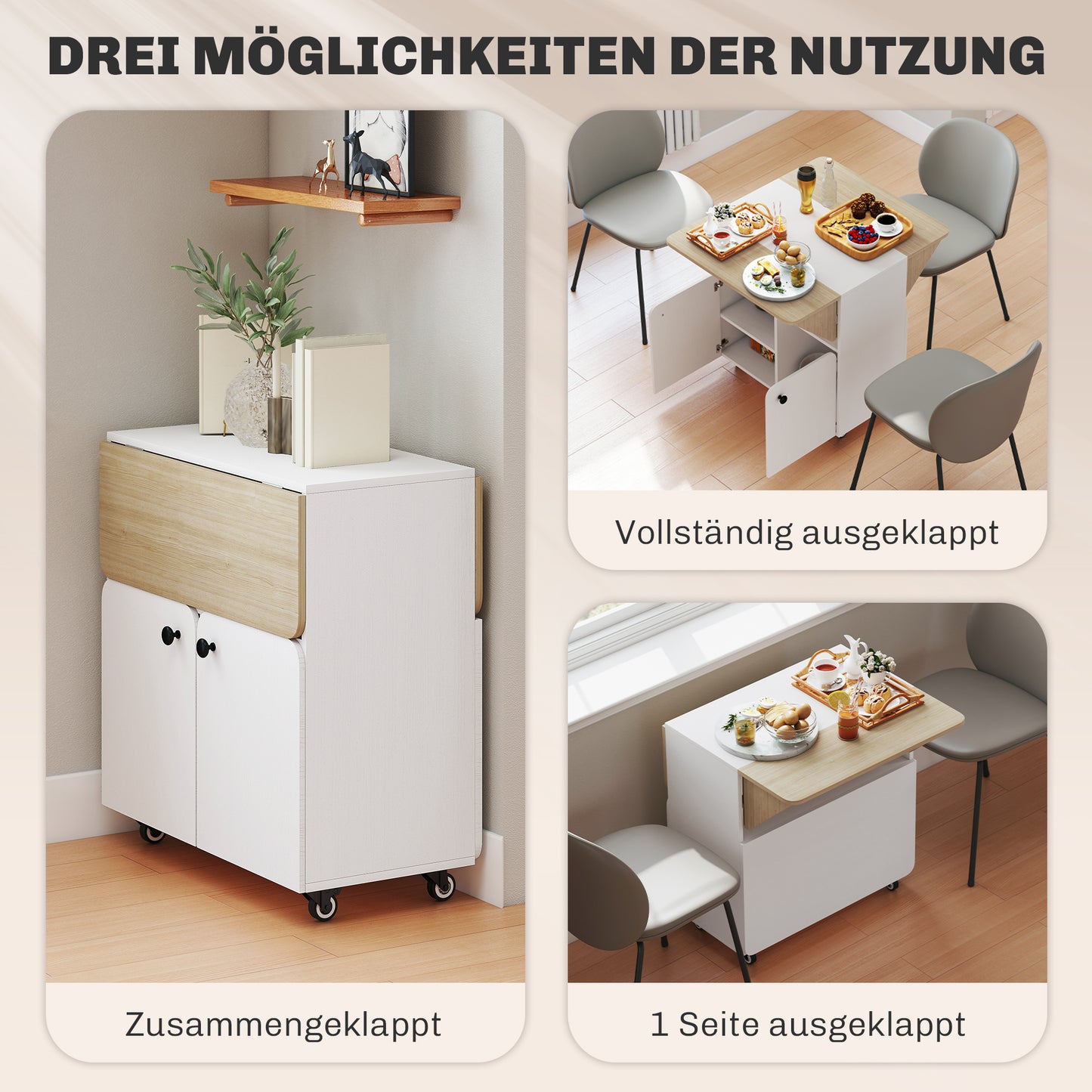 Folding Table with Storage, 2 Drop Leaves, 4 Wheels, White/Natural