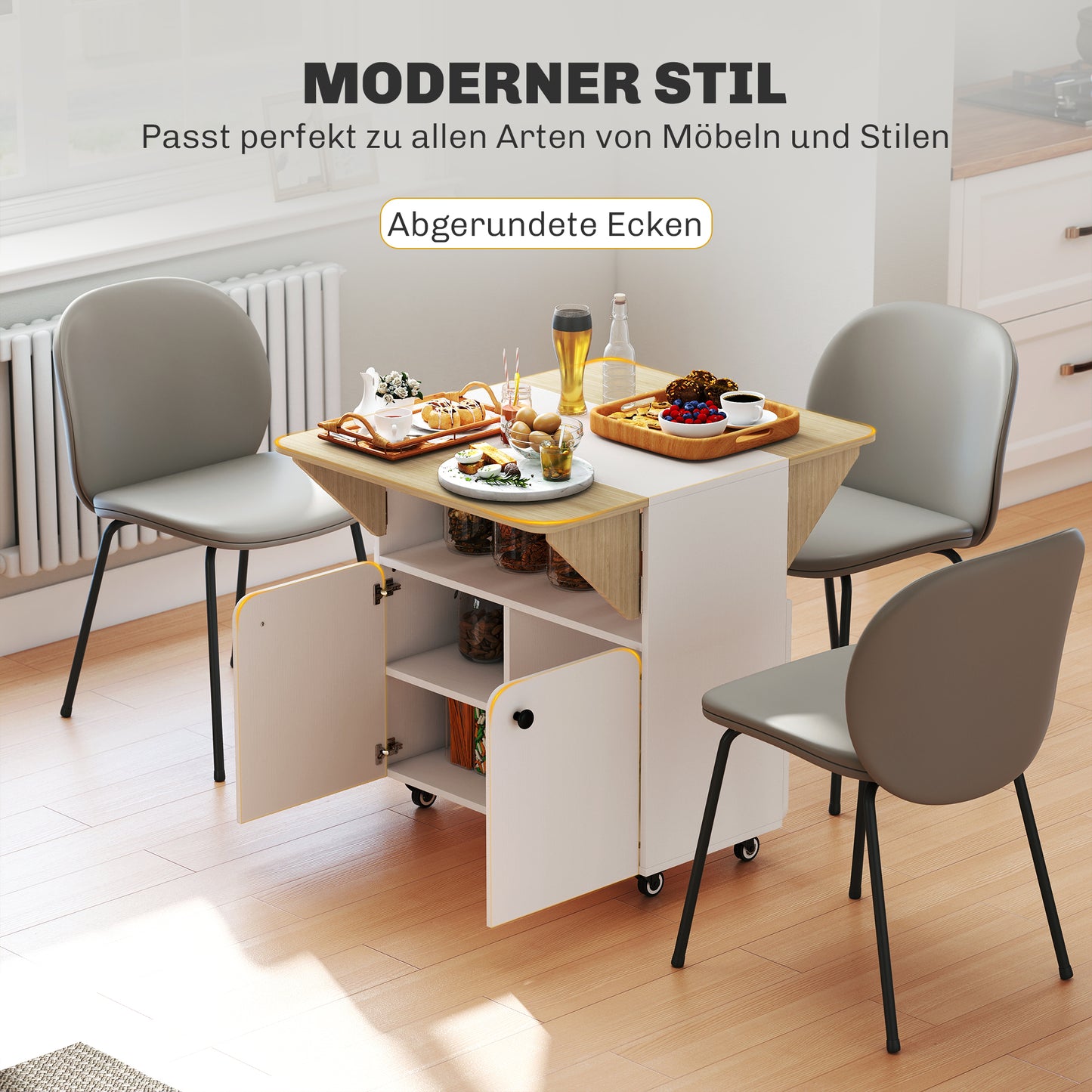 Folding Table with Storage, 2 Drop Leaves, 4 Wheels, White/Natural