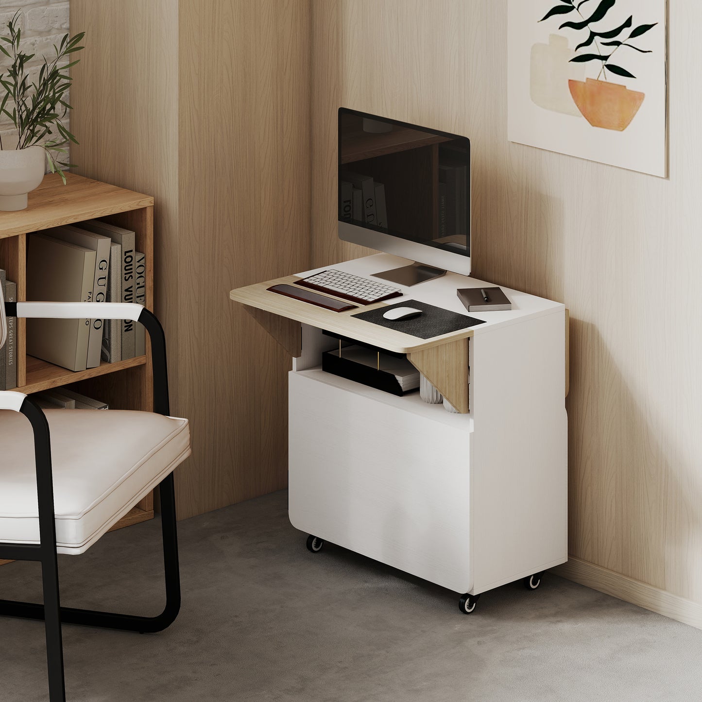 Folding Table with Storage, 2 Drop Leaves, 4 Wheels, White/Natural