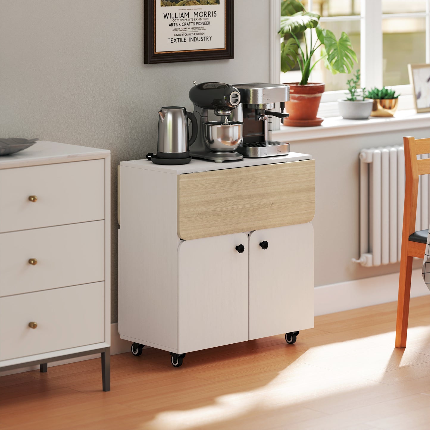 Folding Table with Storage, 2 Drop Leaves, 4 Wheels, White/Natural