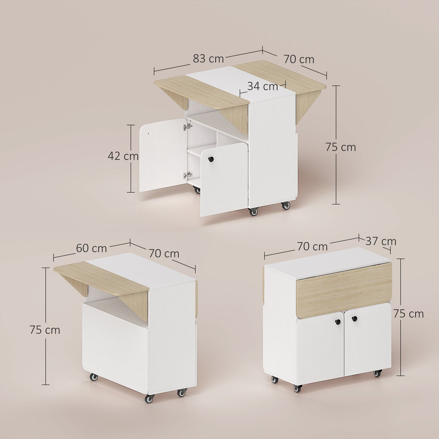 Folding Table with Storage, 2 Drop Leaves, 4 Wheels, White/Natural