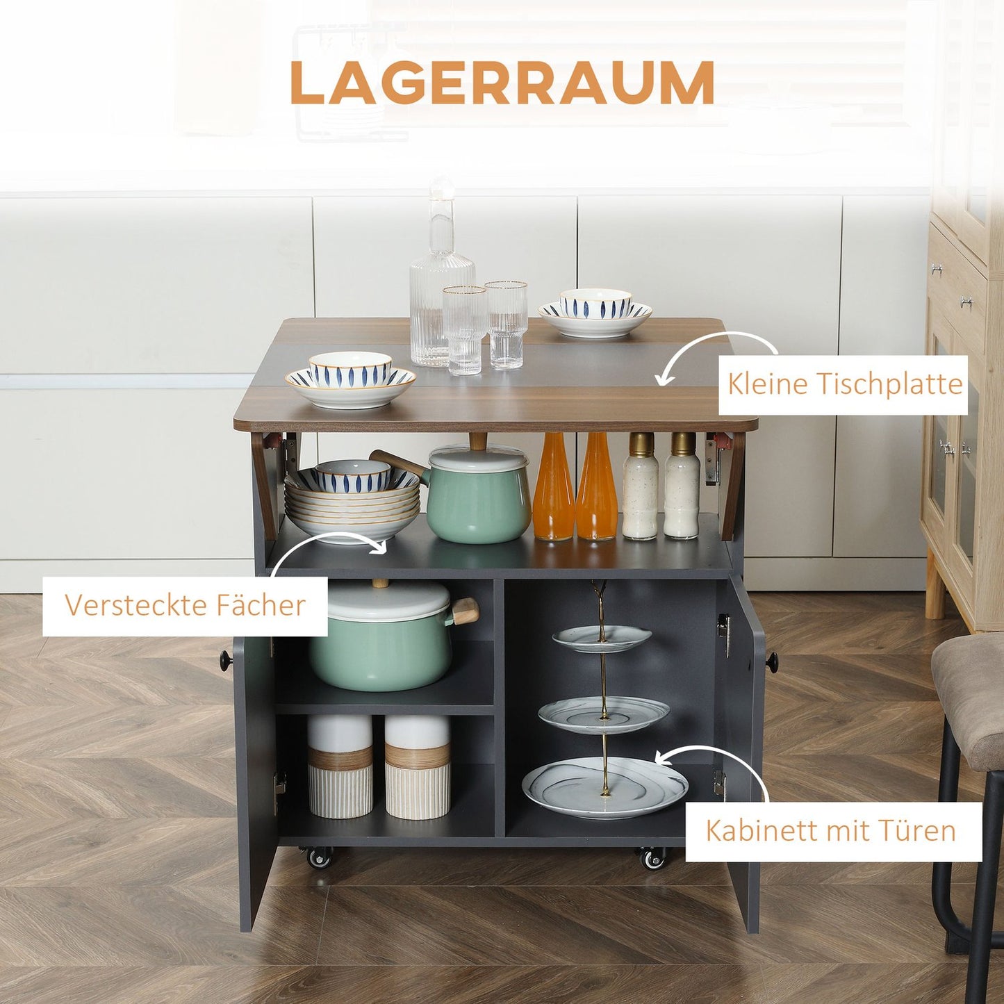Folding Table with Storage, 4 Wheels, Light Grey/Dark Brown