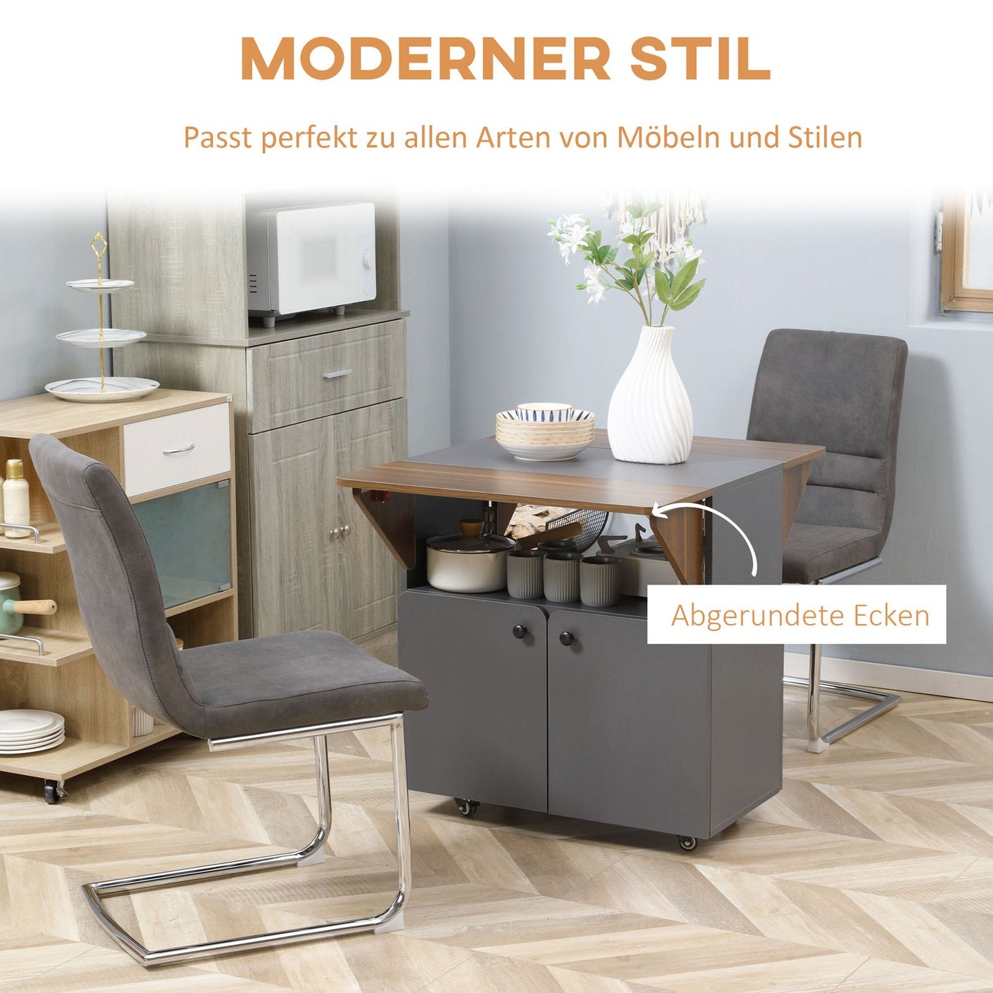 Folding Table with Storage, 4 Wheels, Light Grey/Dark Brown