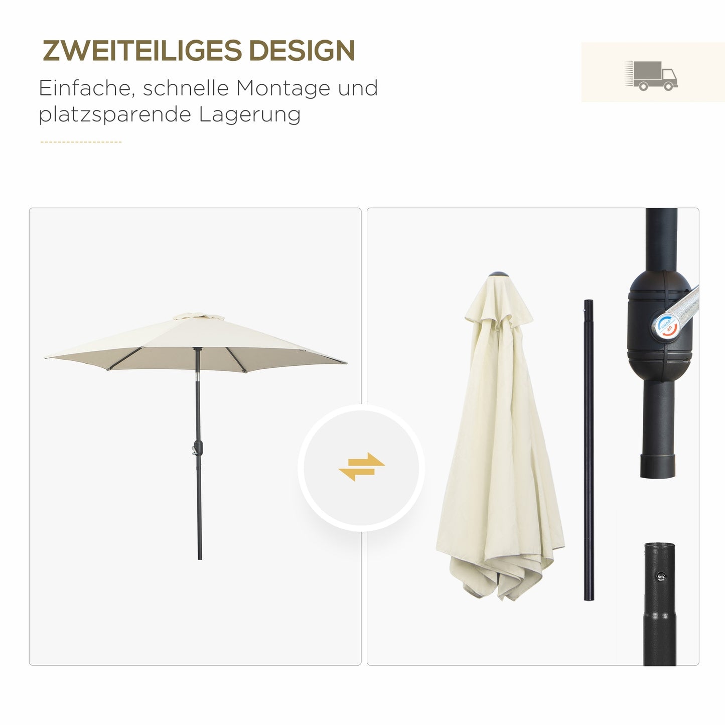 Beige aluminum garden umbrella - 2.7 m, hand crank