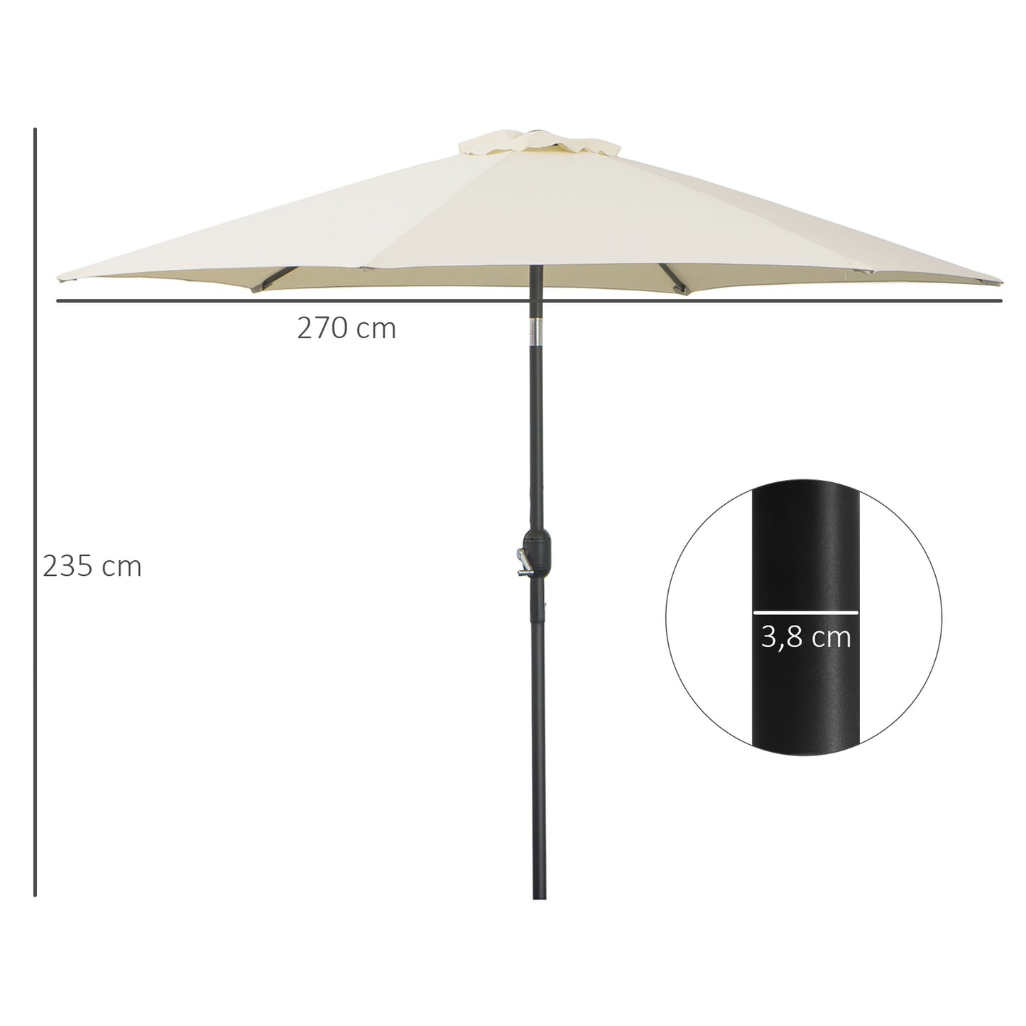 Beige aluminum garden umbrella - 2.7 m, hand crank