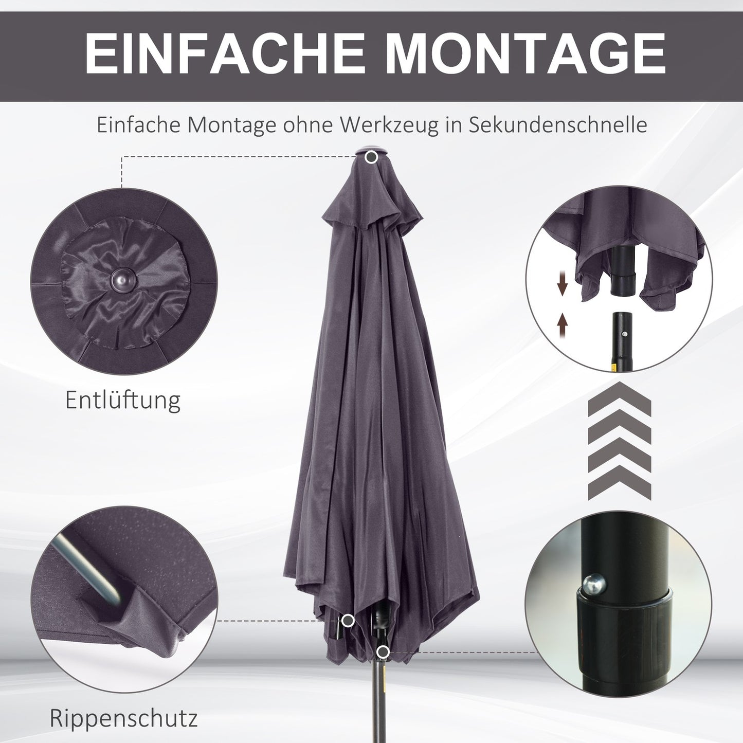 Gray folding garden umbrella - aluminium, hand crank, 2.7m