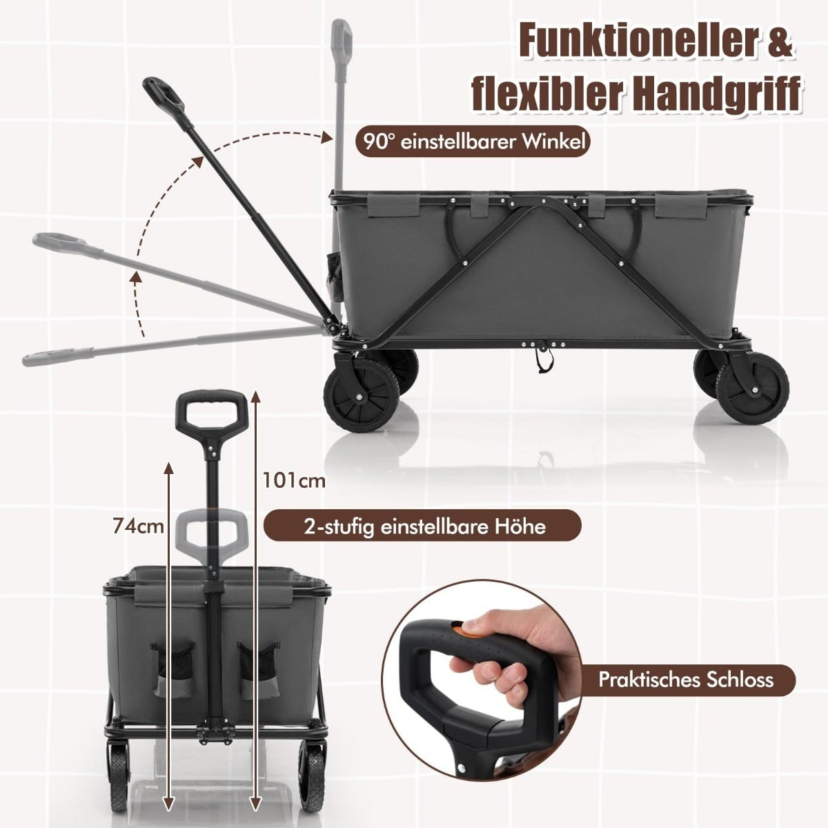 Folding Wagon with Adjustable Handle, 170L Capacity, Grey