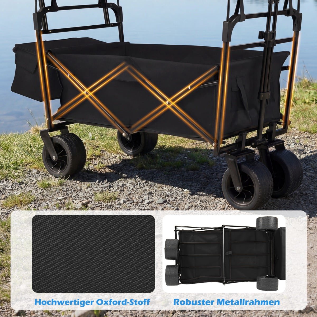 Folding Wagon with Removable Canopy, Adjustable Handles, Black