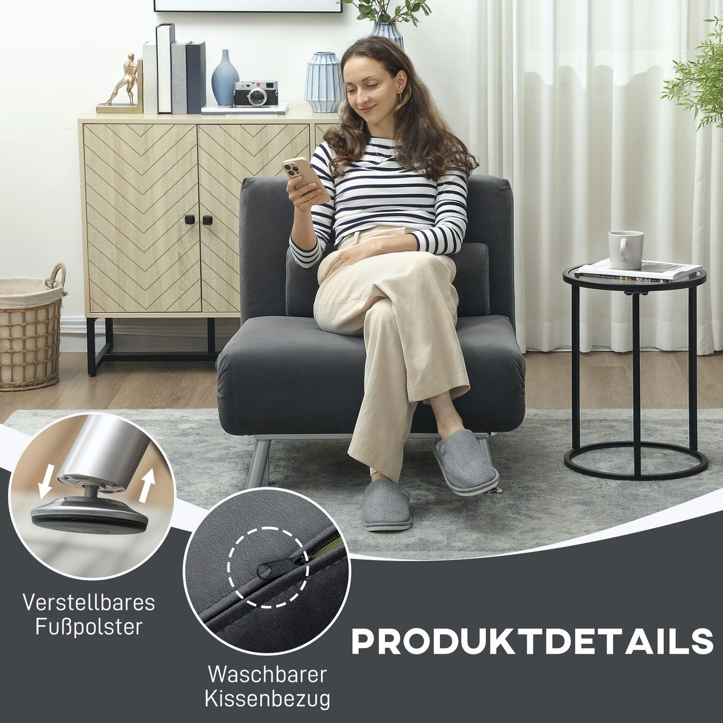 Folding Sleeper Chair, Velvet Look, Adjustable Backrest, Dark Gray