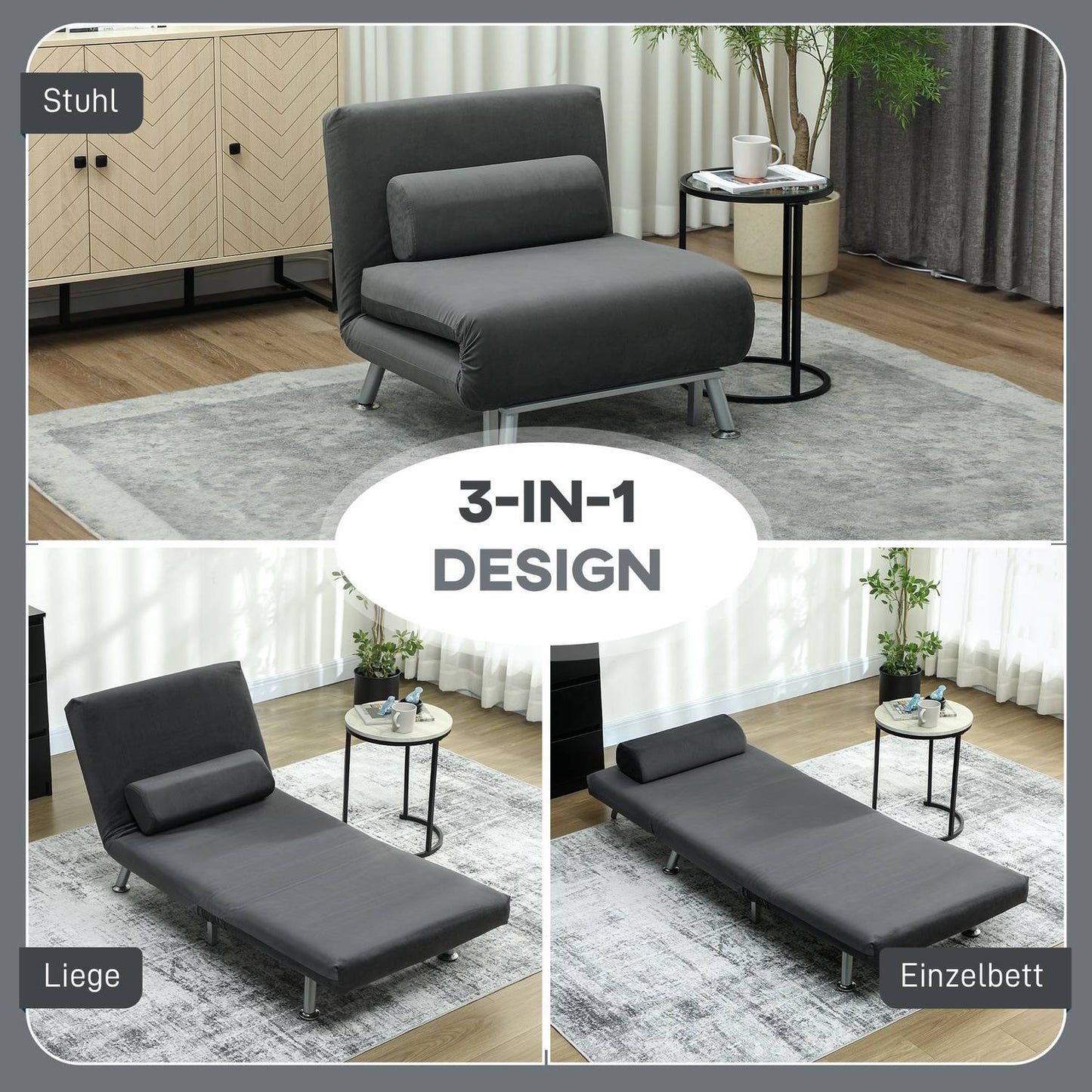 Folding Sleeper Chair, Velvet Look, Adjustable Backrest, Dark Gray