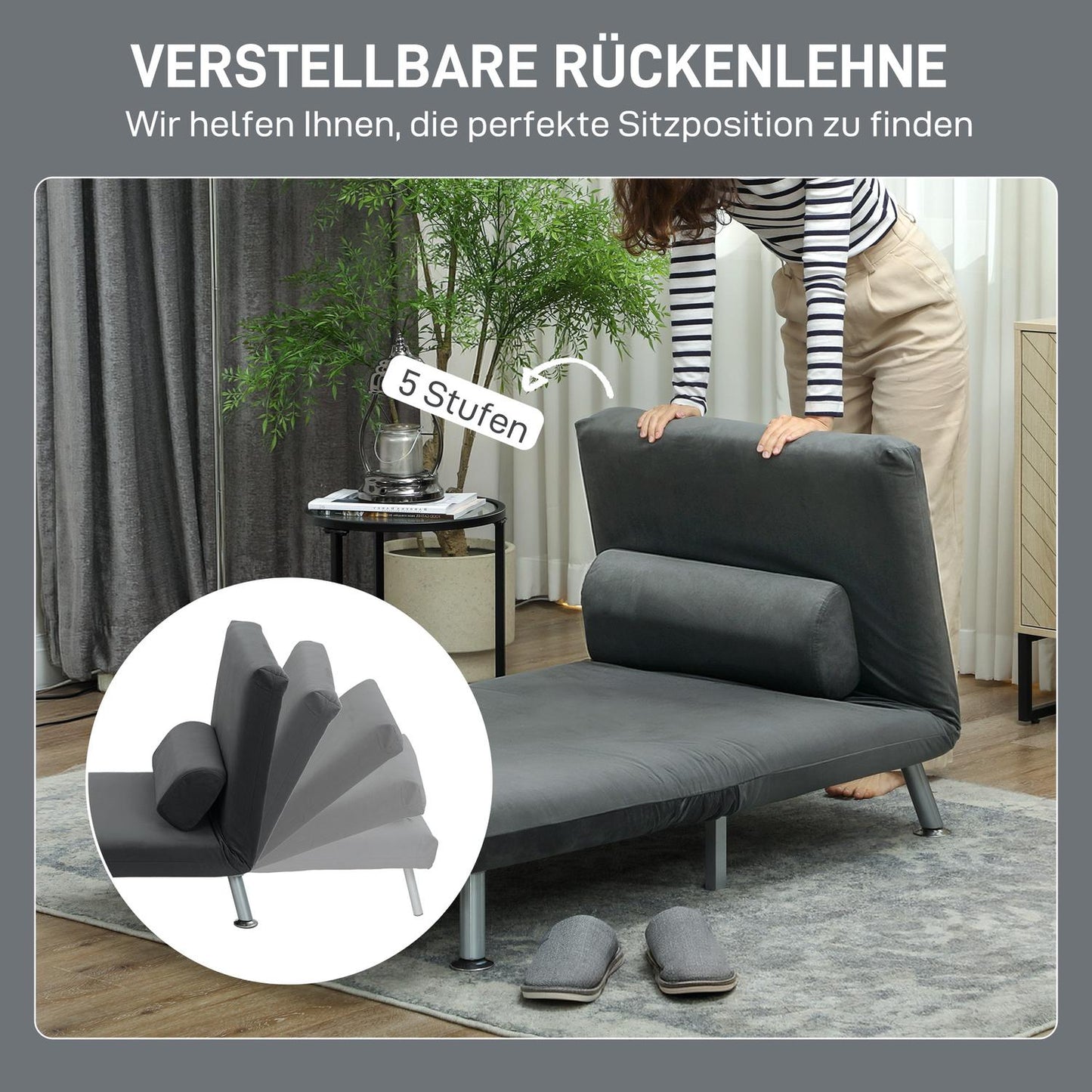Folding Sleeper Chair, Velvet Look, Adjustable Backrest, Dark Gray