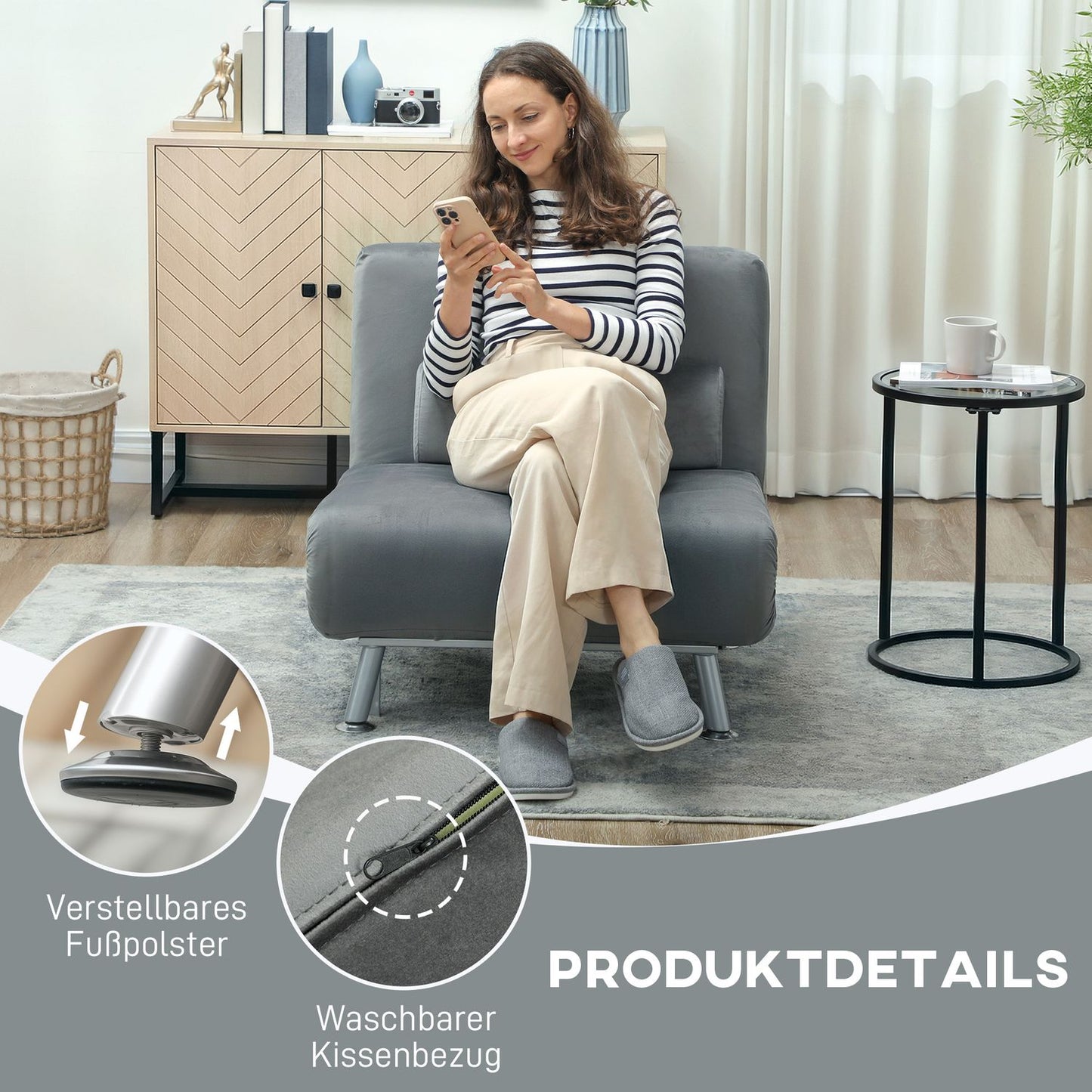 Folding armchair with bed function, foldable recliner chair in velvet look, adjustable backrest, 75 x 70 x 75 cm, grey