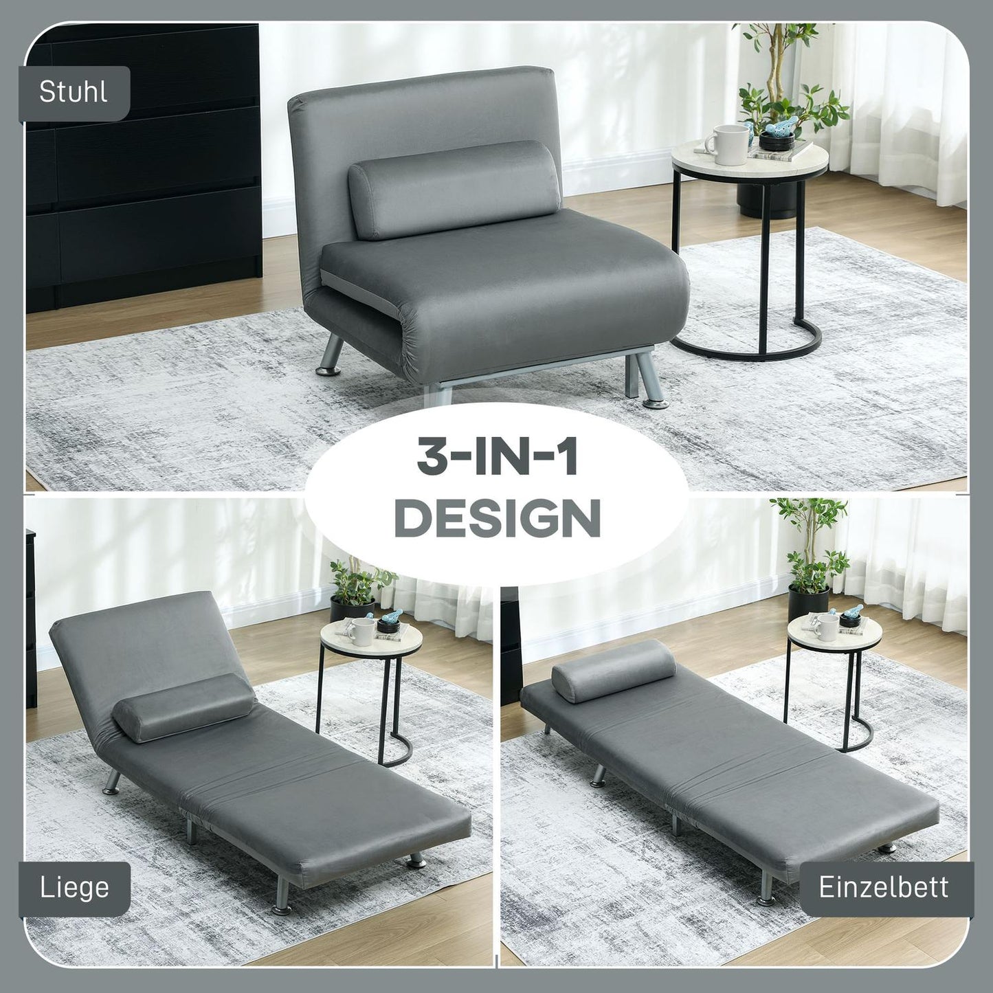 Folding armchair with bed function, foldable recliner chair in velvet look, adjustable backrest, 75 x 70 x 75 cm, grey