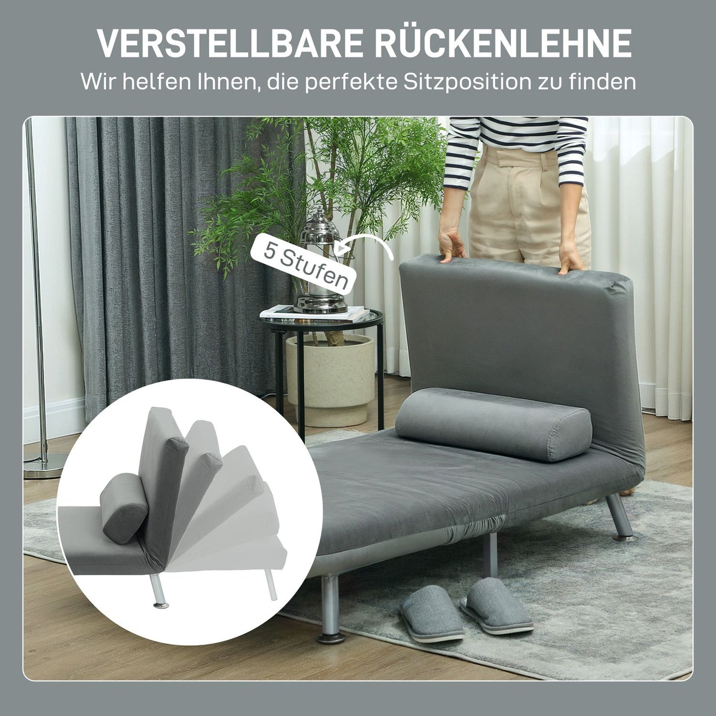 Folding armchair with bed function, foldable recliner chair in velvet look, adjustable backrest, 75 x 70 x 75 cm, grey