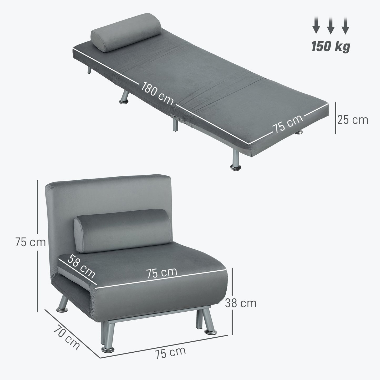 Folding armchair with bed function, foldable recliner chair in velvet look, adjustable backrest, 75 x 70 x 75 cm, grey