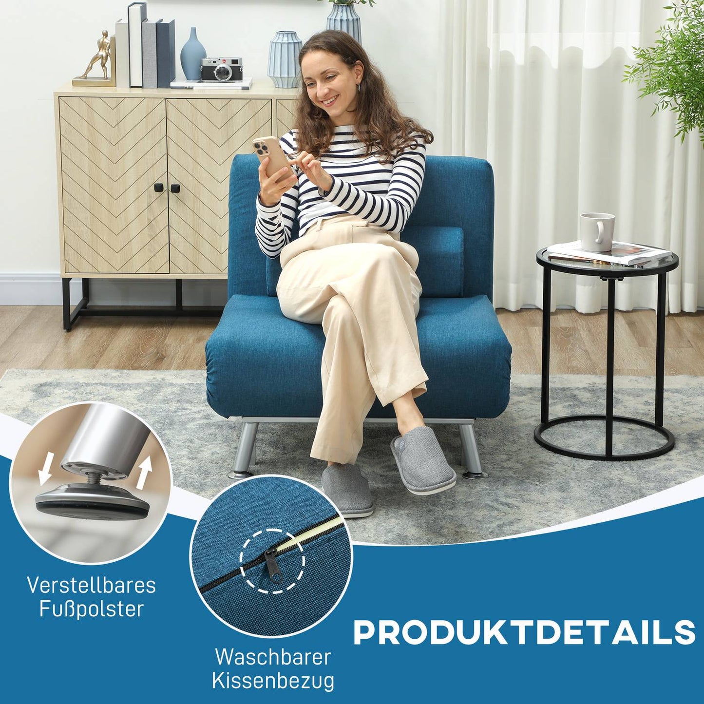 Sleeper Chair Bed, Foldable, Adjustable Backrest, Blue