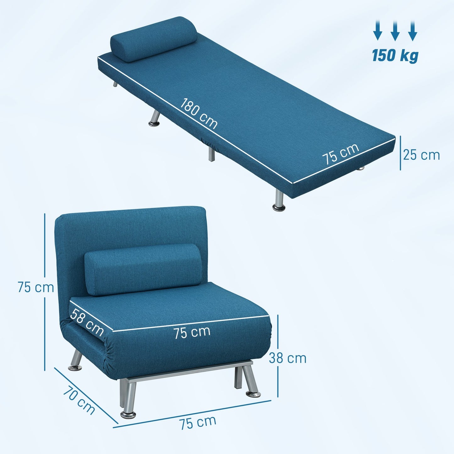 Sleeper Chair Bed, Foldable, Adjustable Backrest, Blue