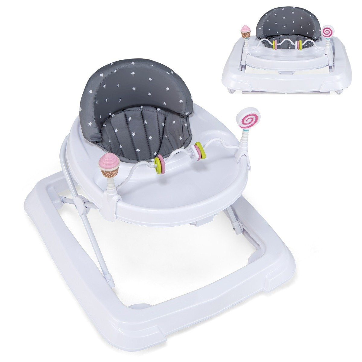 Folding baby walker with wheels, 3-level height adjustable & removable soft seat cushion, grey