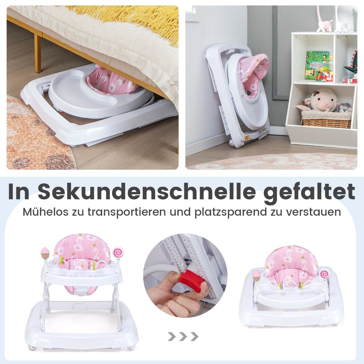 Folding baby walker with wheels, 3 levels, height adjustable & removable soft seat cushion, pink