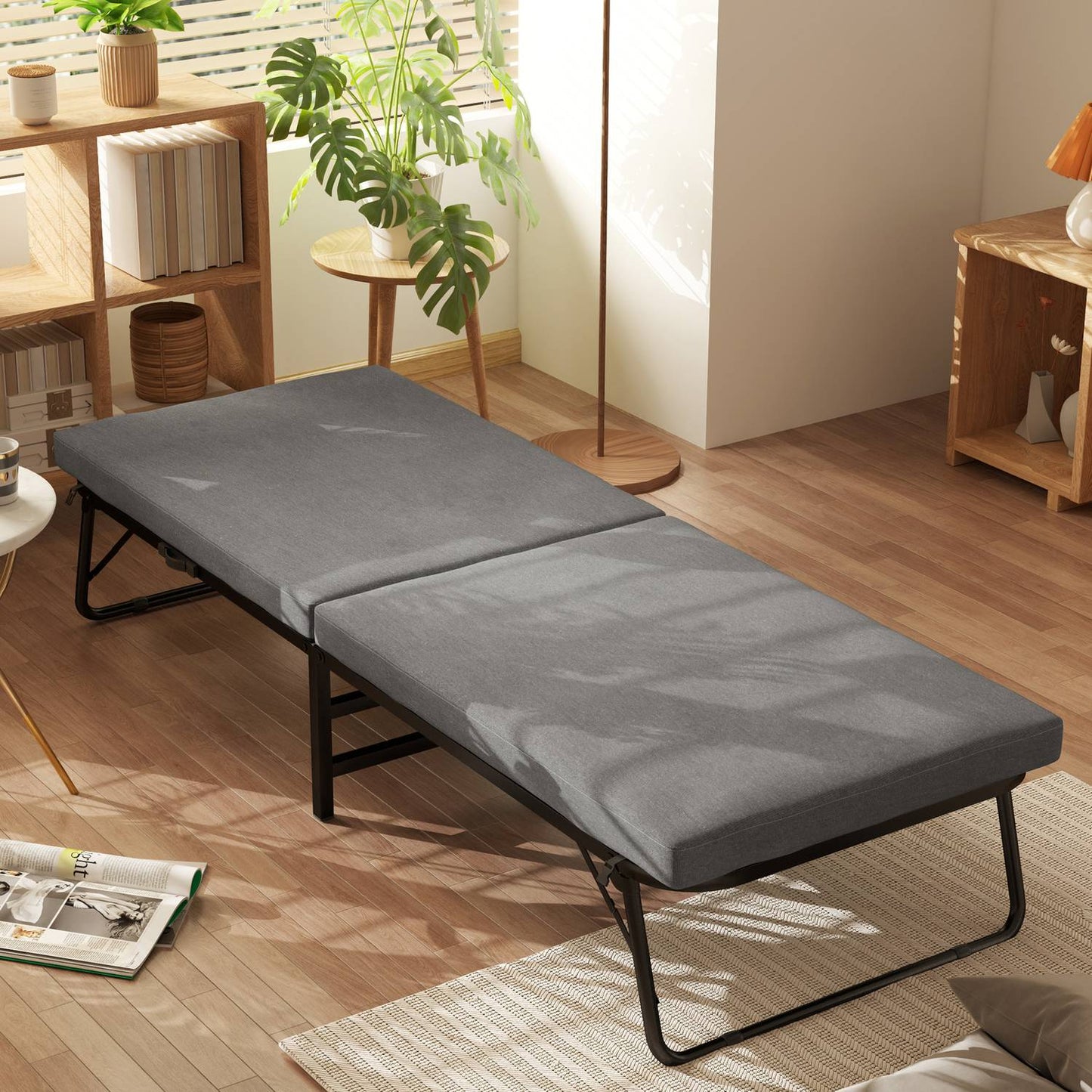 Folding guest bed with foam mattress, metal frame, dark grey