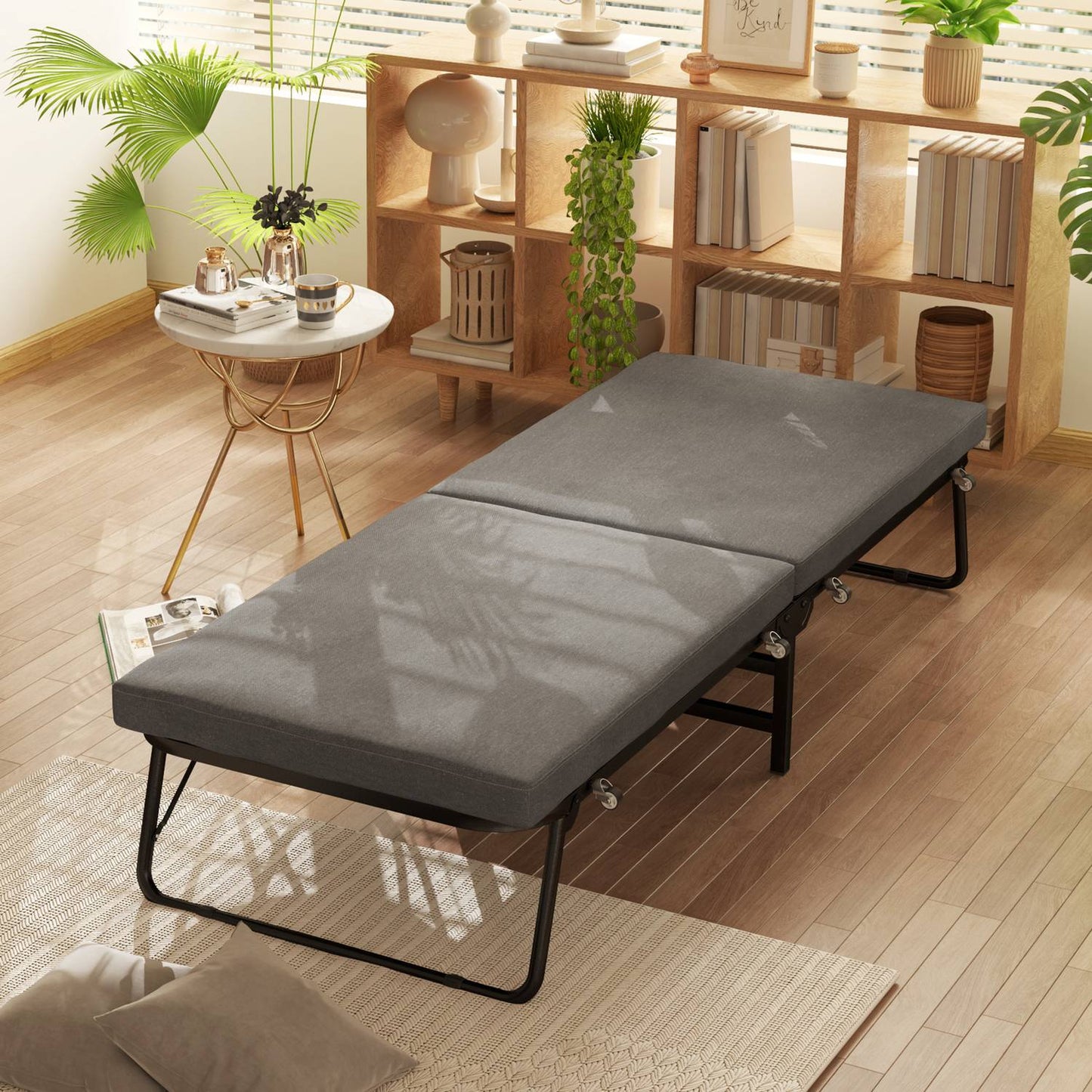 Folding guest bed with foam mattress, metal frame, dark grey