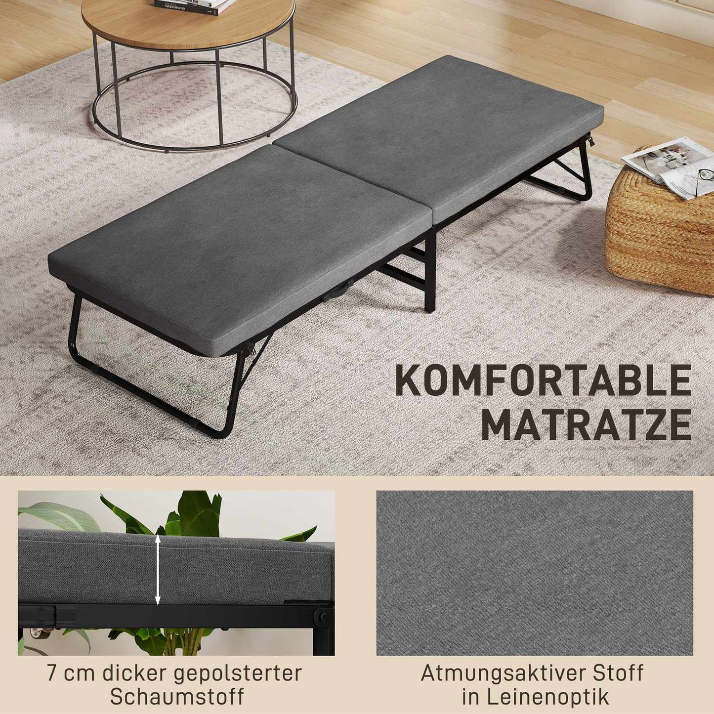 Folding guest bed with foam mattress, metal frame, dark grey