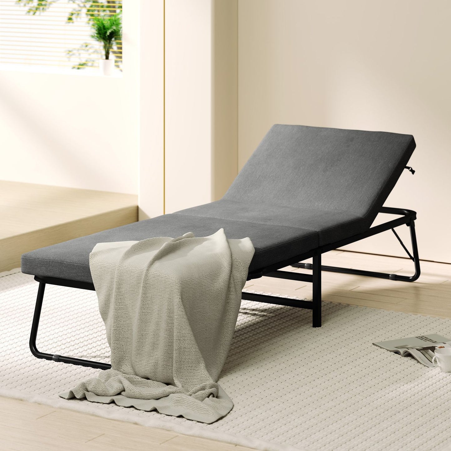 Folding guest bed with foam mattress, metal frame, dark grey