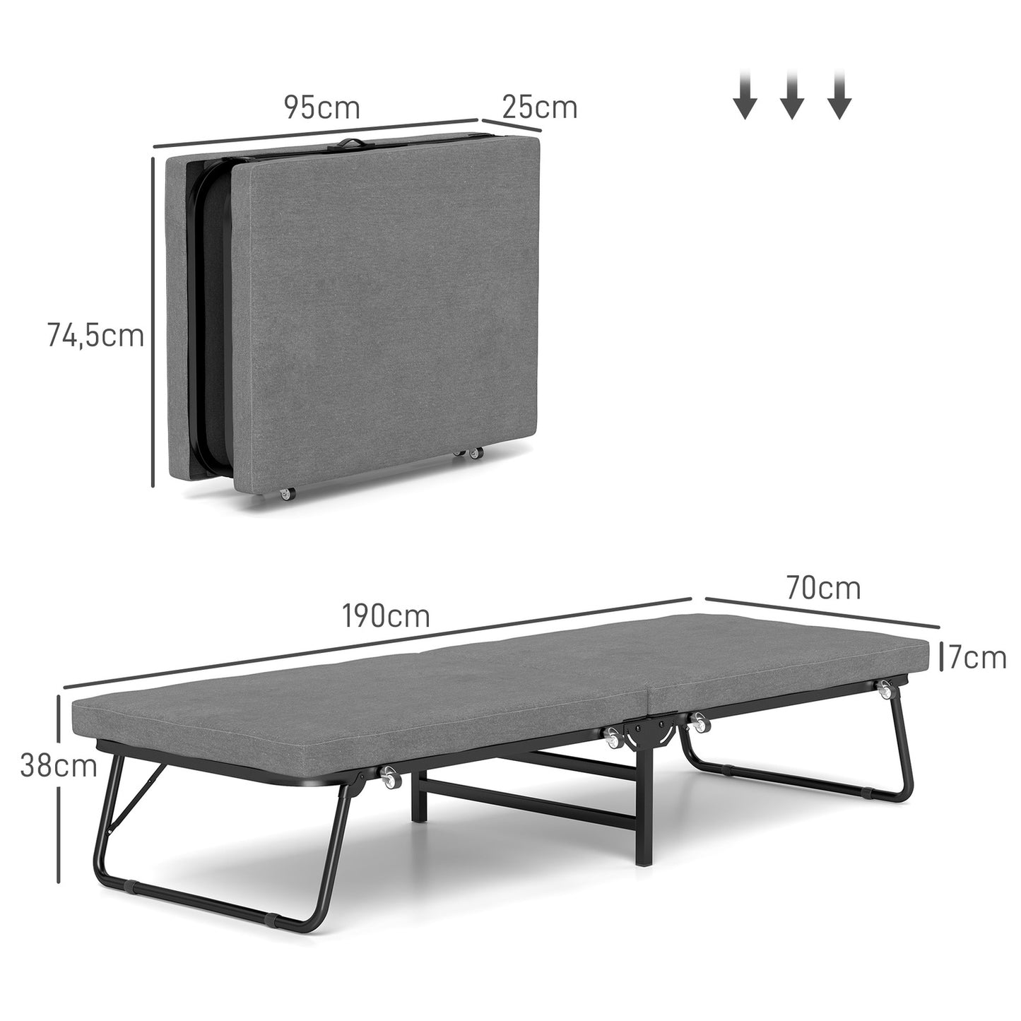 Folding guest bed with foam mattress, metal frame, dark grey