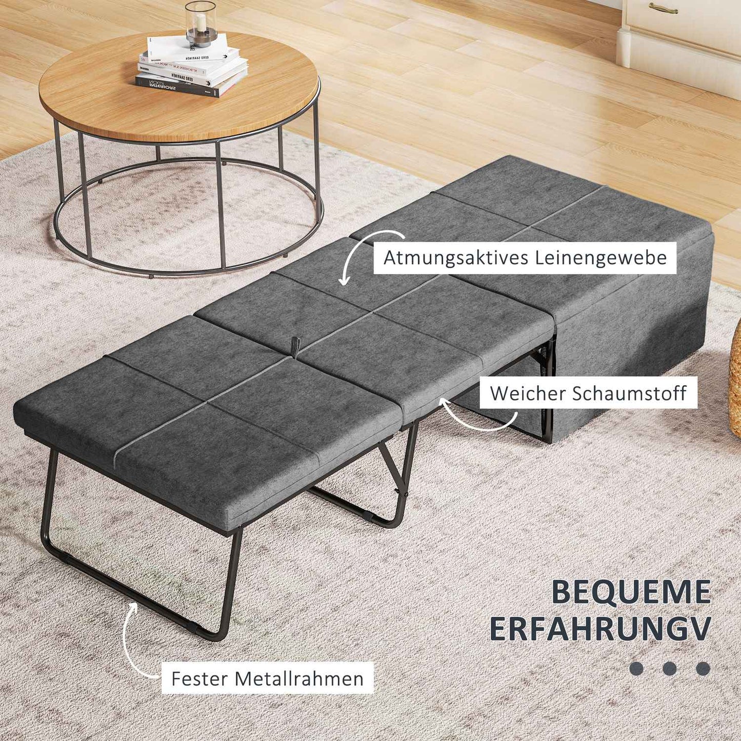 Folding guest bed with foam mattress - Grey, 120 kg Capacity